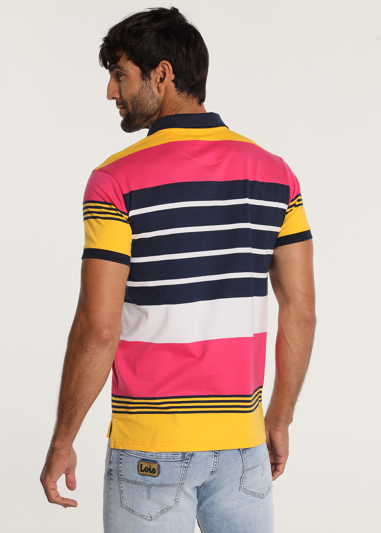 Pólo manga curta com riscas multicoloridas