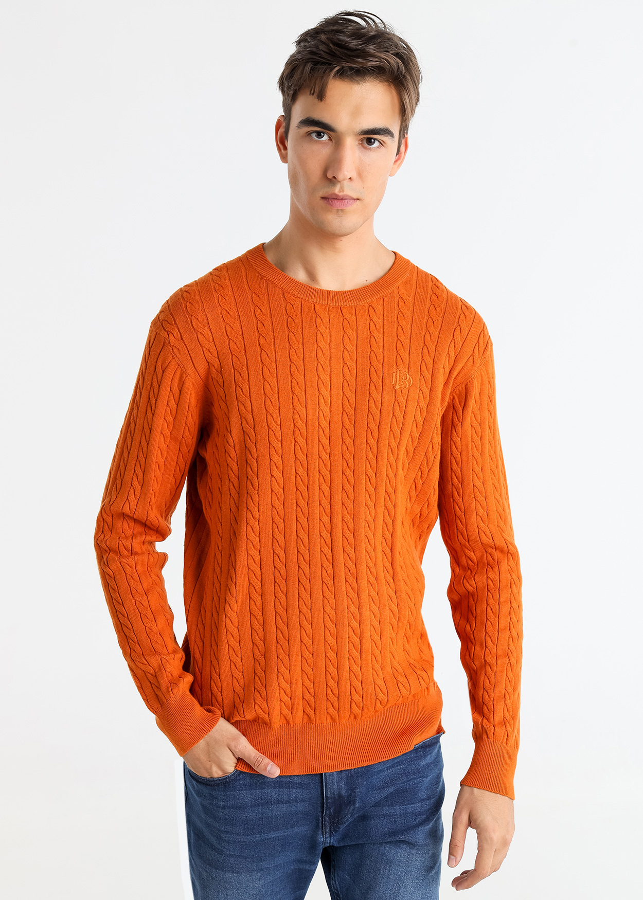 Camisola de gola redonda em tricô trançado Laranja