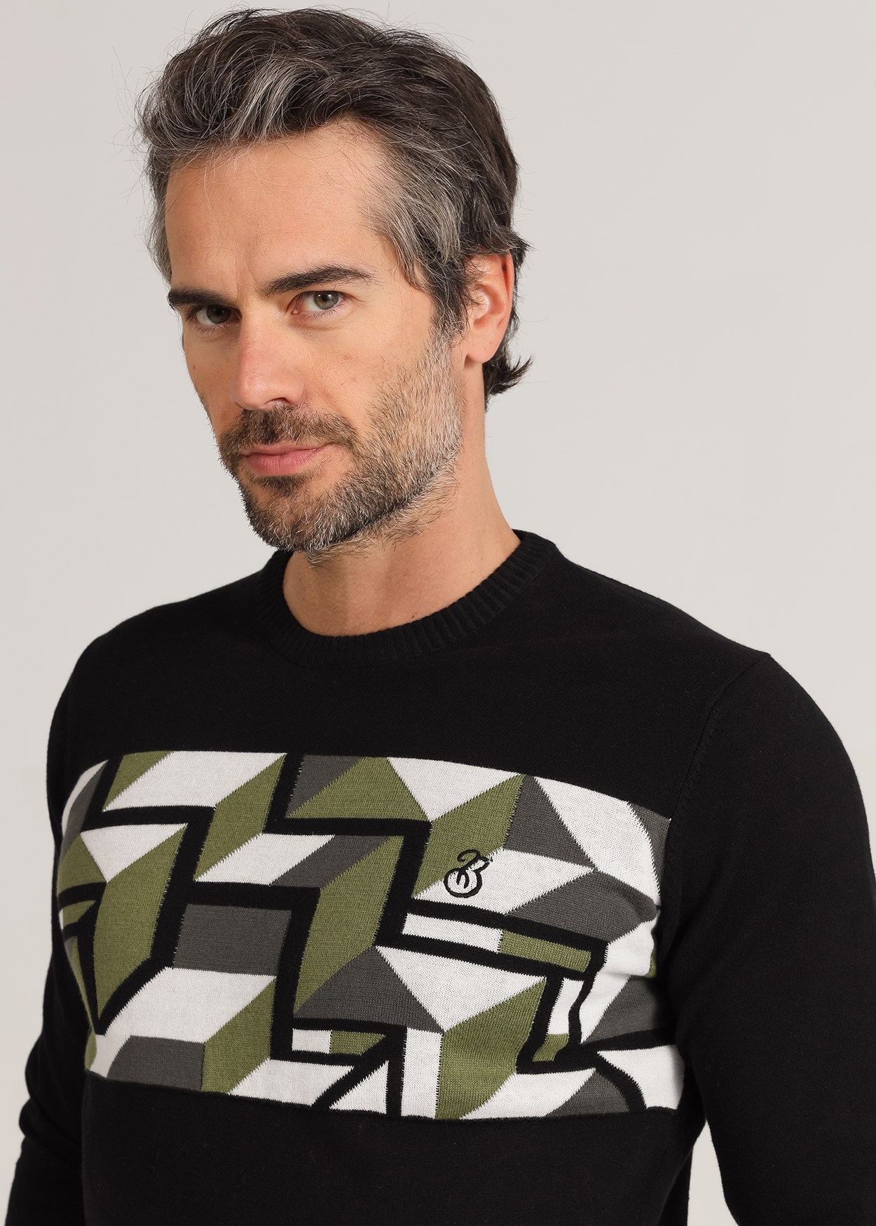 Camisola de gola redonda geométricos Preto