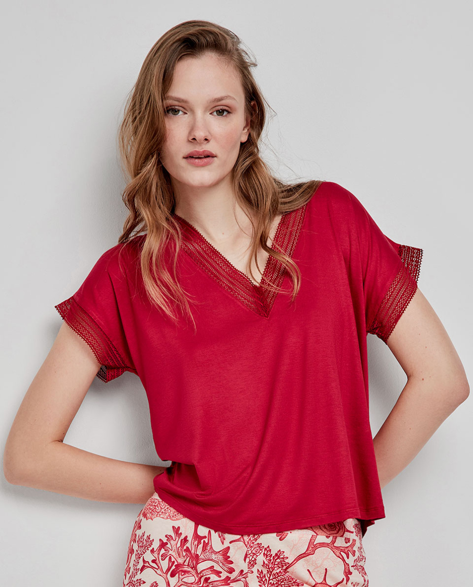 Camiseta de manga curta com listras Vermelho