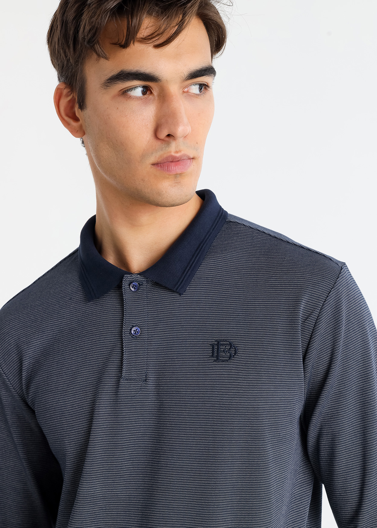 Pólo de manga comprida tecido jaquard Azul