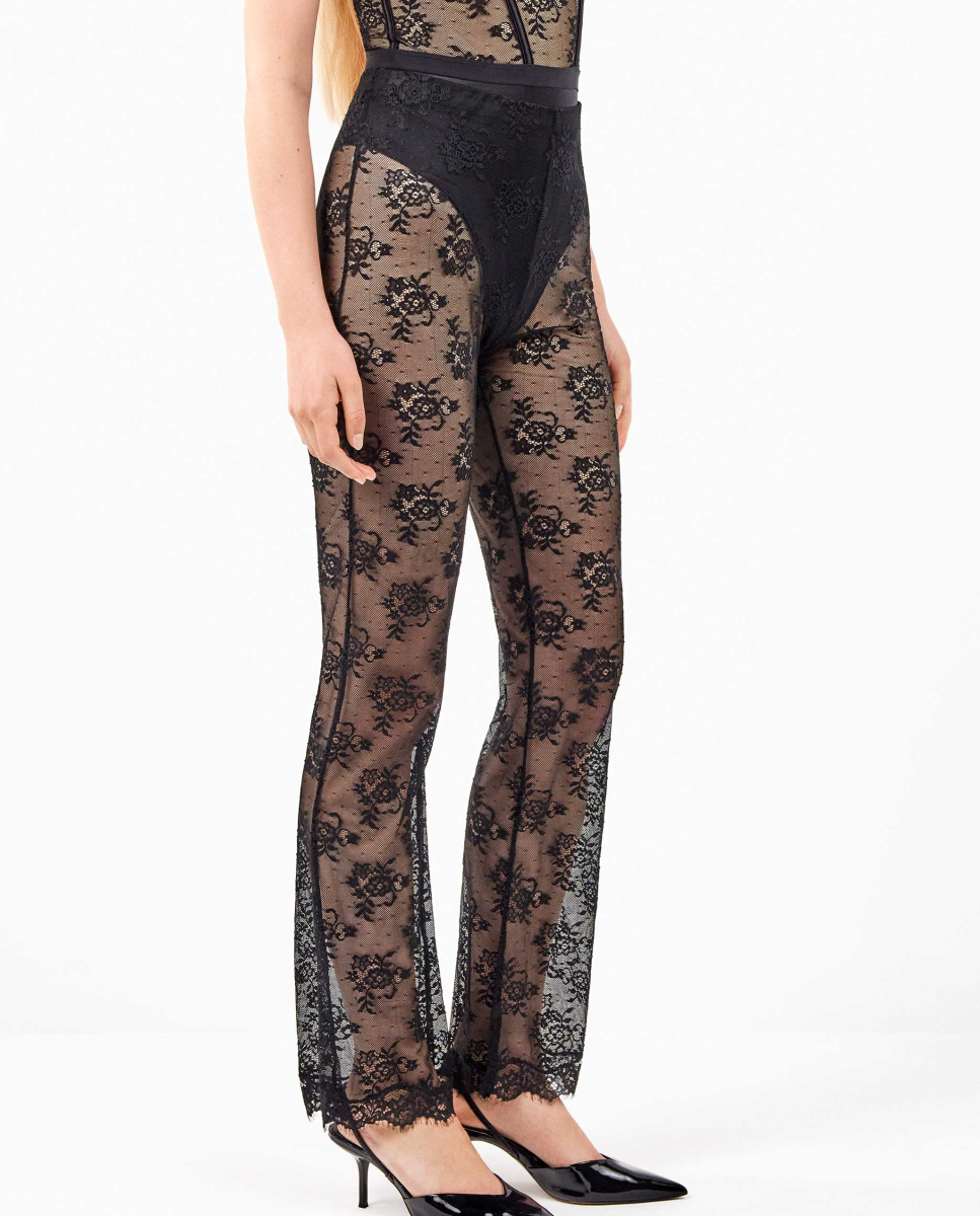 Calças de renda floral delicadas Preto