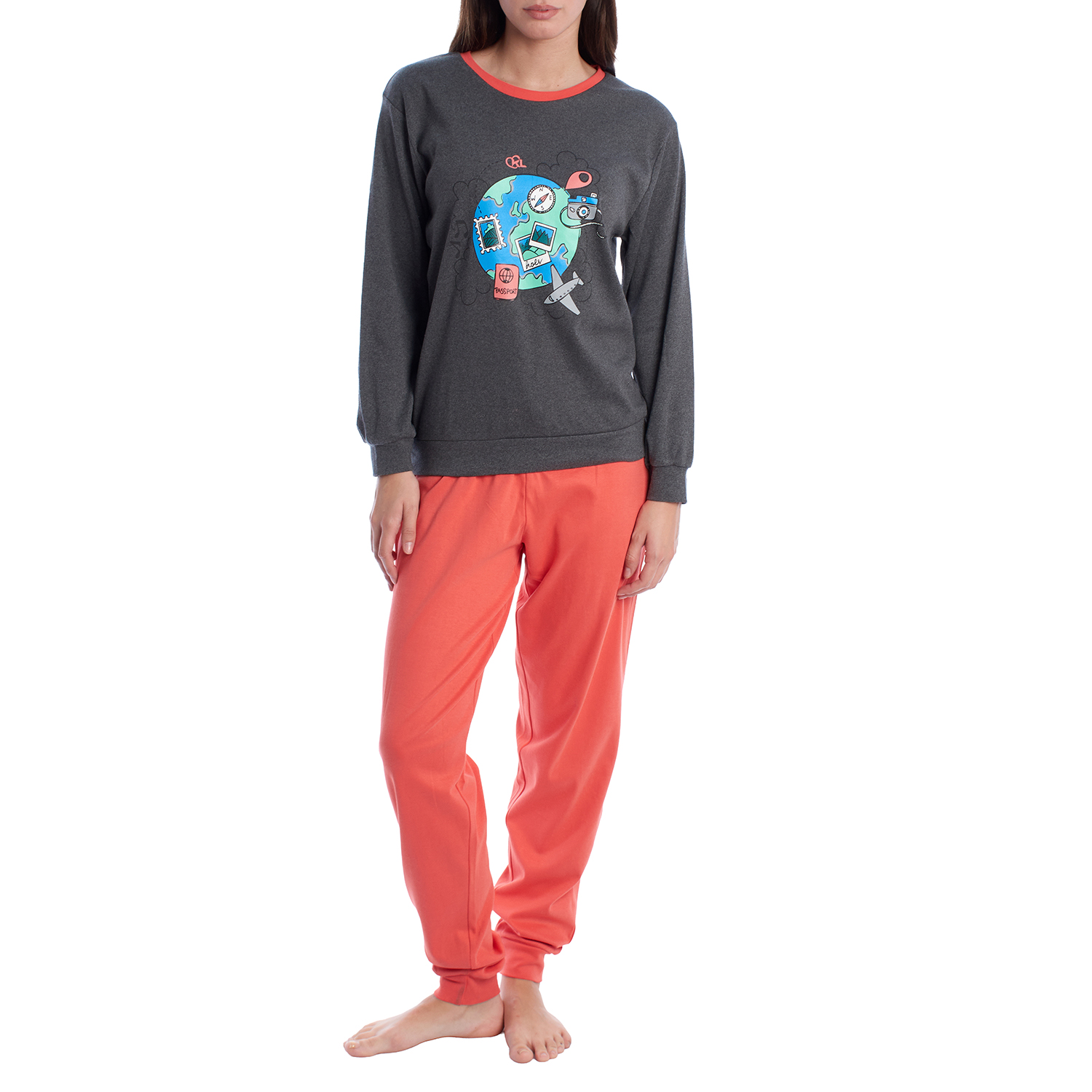 Pijama de Manga Comprida Cinza Escuro-Vermelho