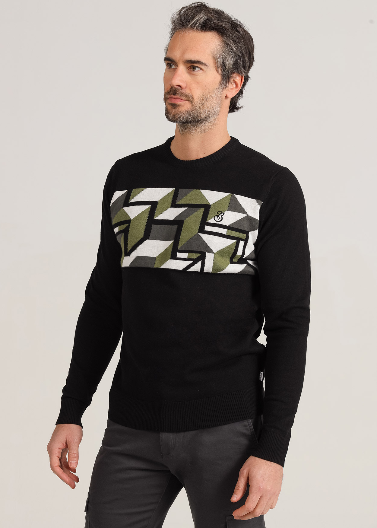 Camisola de gola redonda geométricos Preto