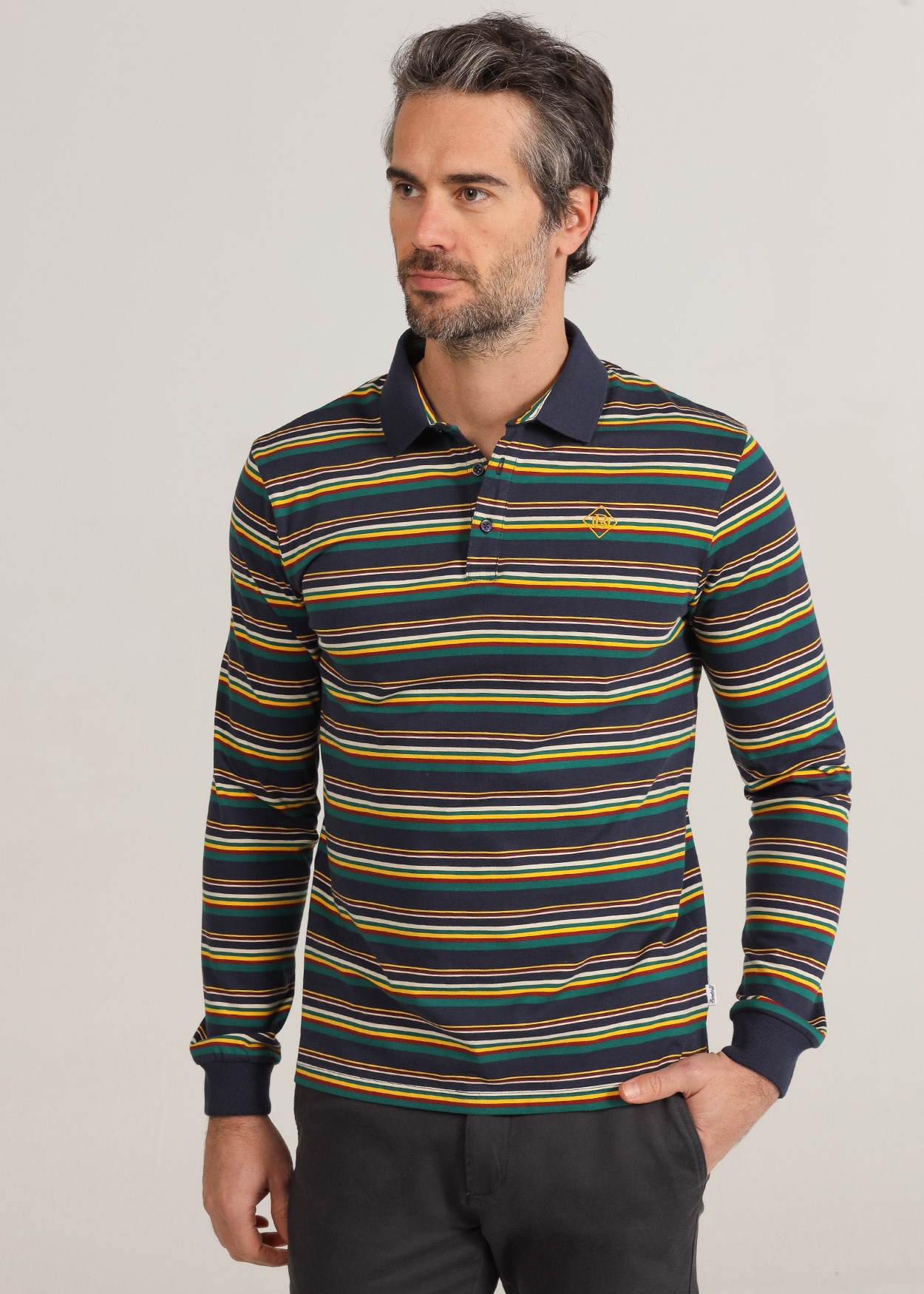 Pólo Riscas de Manga Comprida Azul