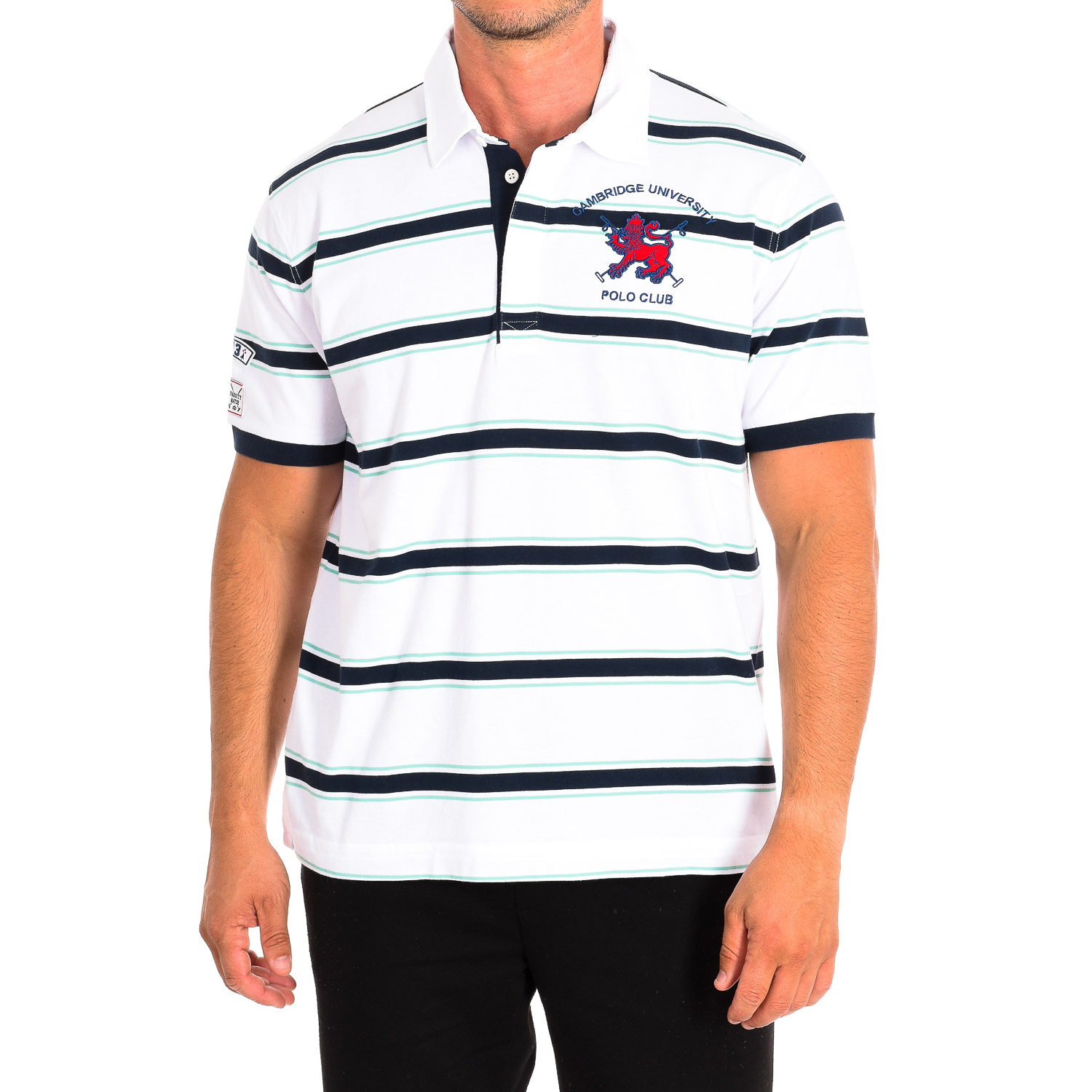 Pólo Homem Branco com Riscas Azuis