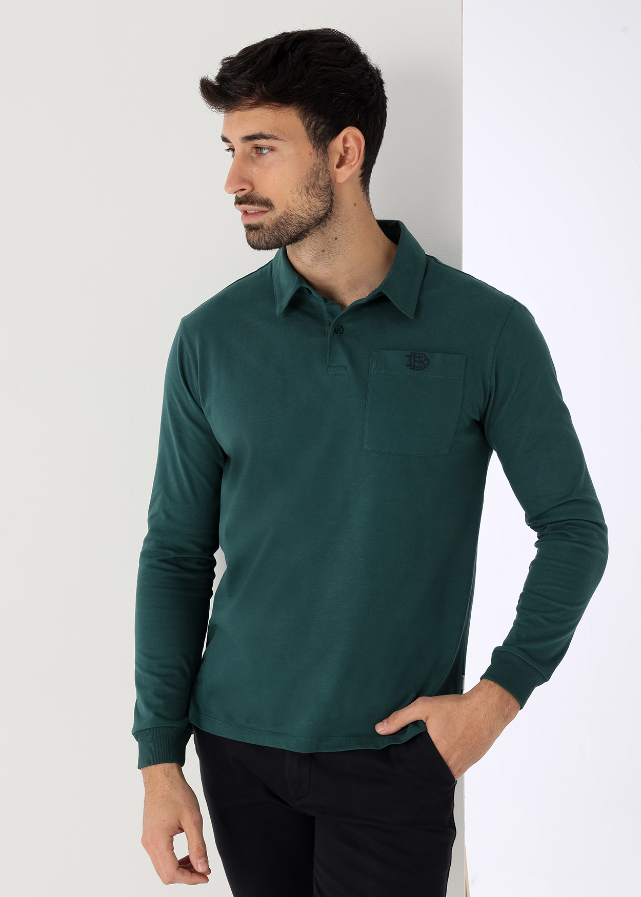 Pólo liso de manga comprida com bolso Verde