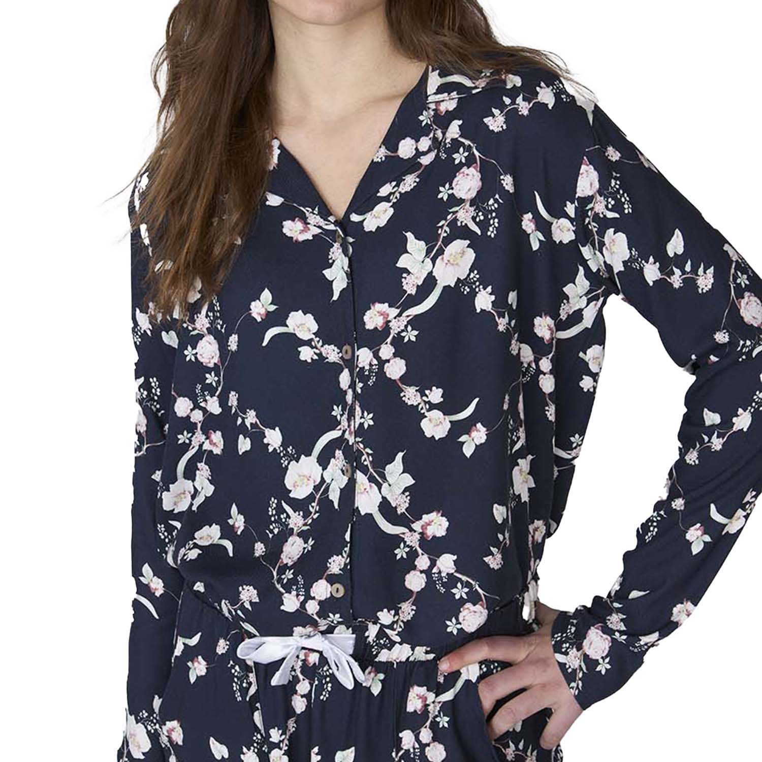 Pijama de Algodão Senhora Manga Comprida Azul Escuro com Estampado