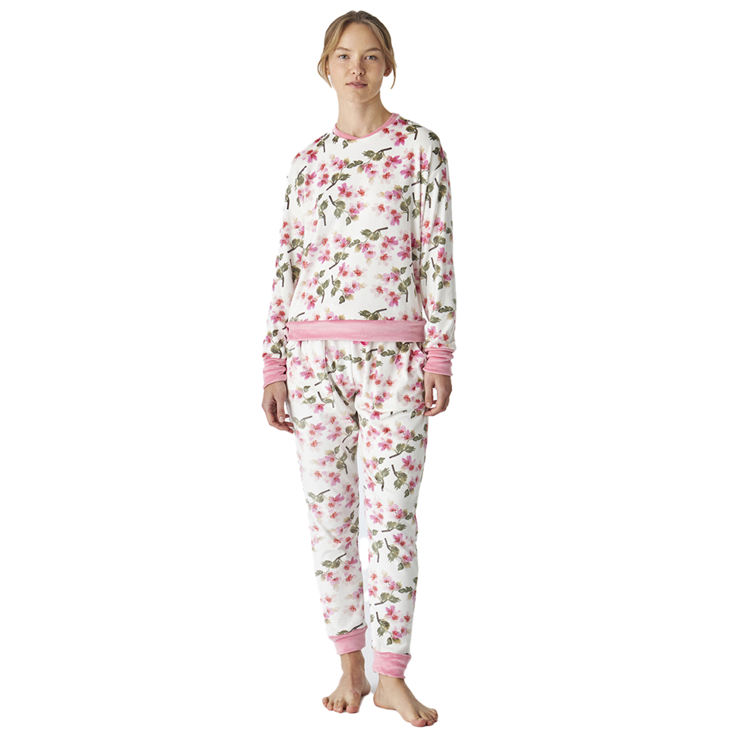 Pijama de Veludo Senhora Manga Comprida Branco e Rosa