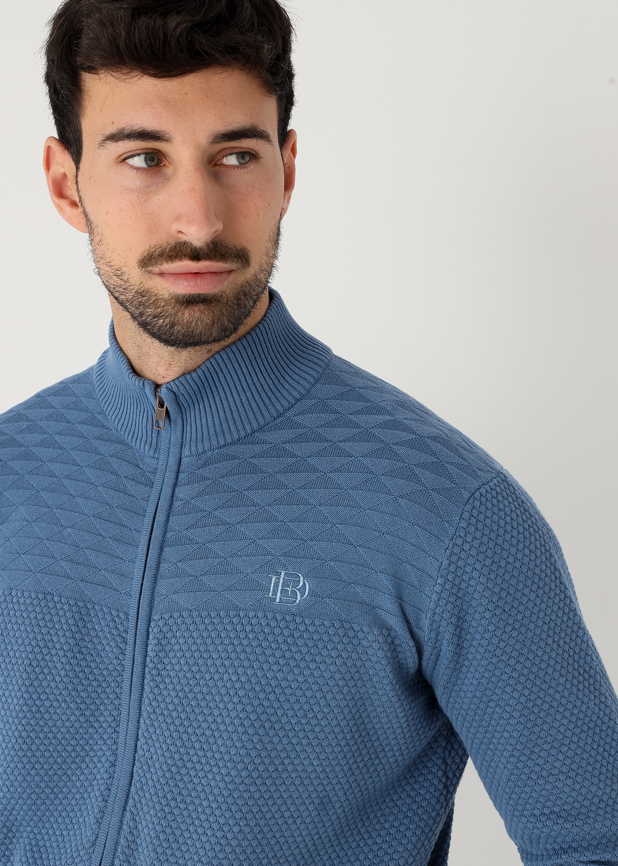 Camisola de gola alta com textura dupla e zíper Azul