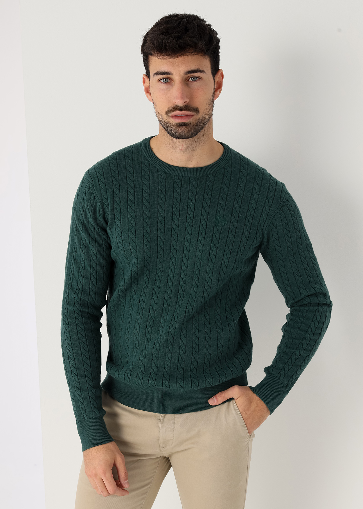 Camisola de gola redonda em tricô trançado Verde