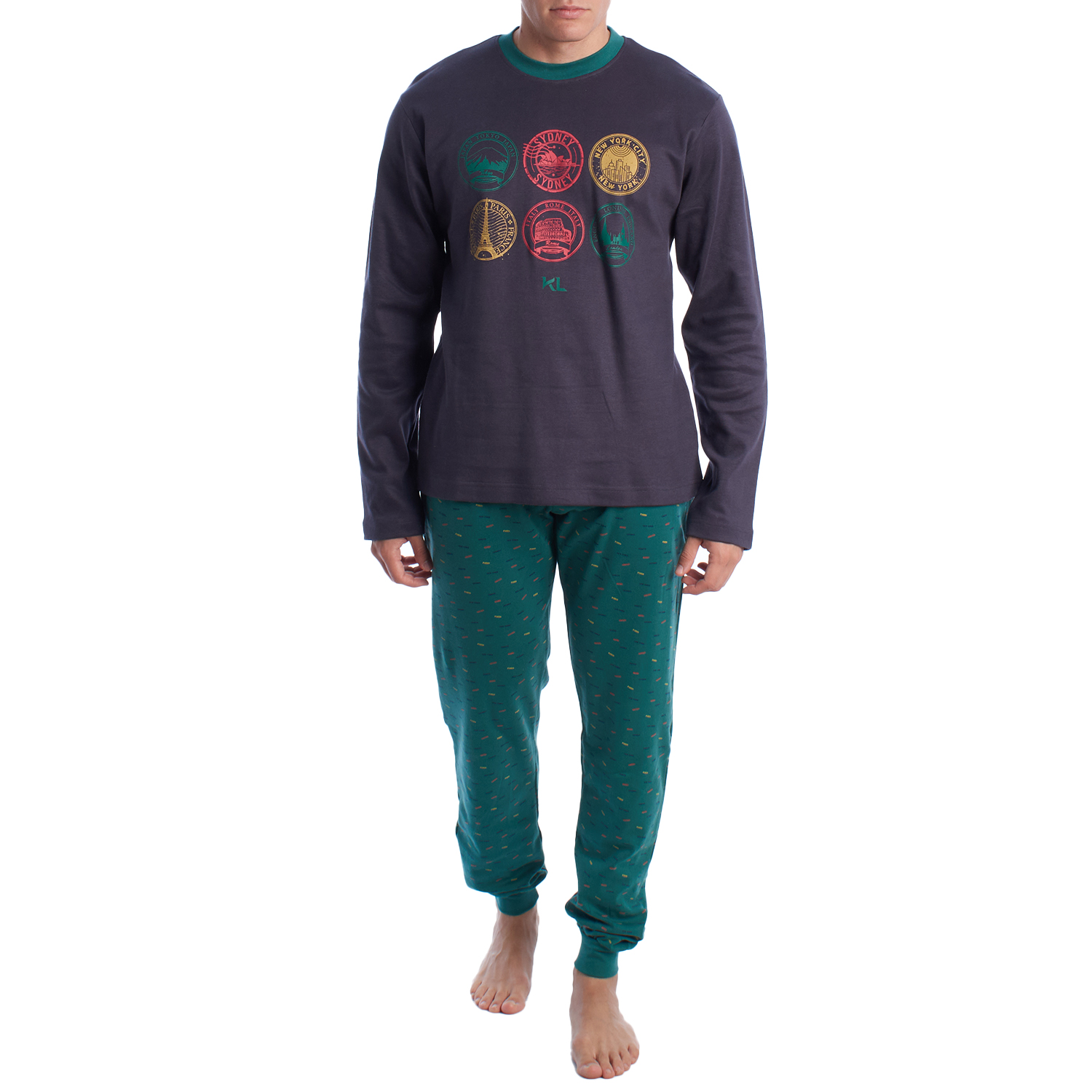 Pijama de Manga Comprida Azul-Verde