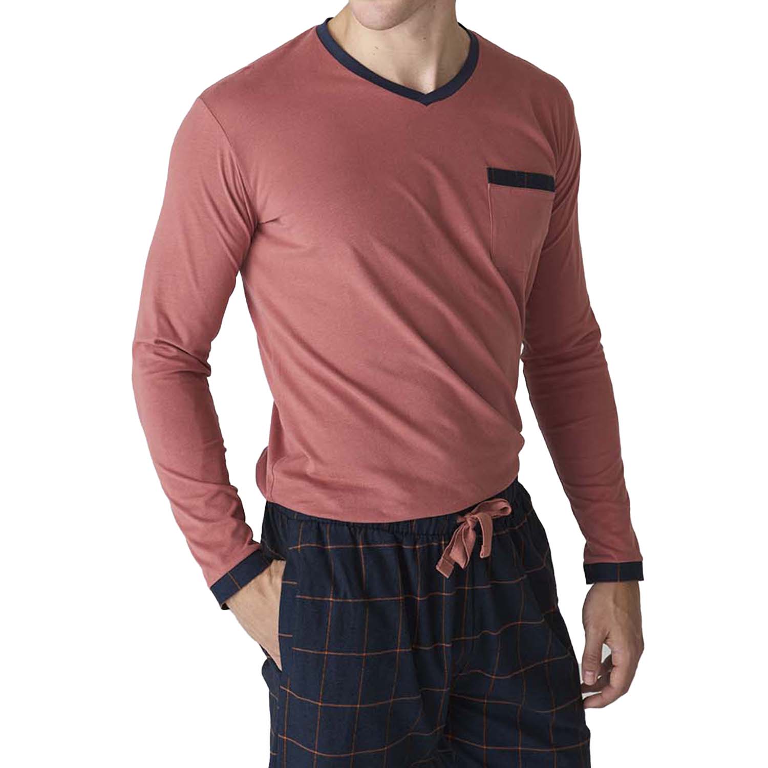 Pijama de Algodão Homem Manga Comprida Rosa e Azul Escuro
