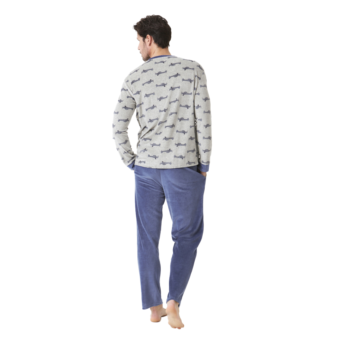Pijama Polar Homem Manga Comprida Azul e Cinzento