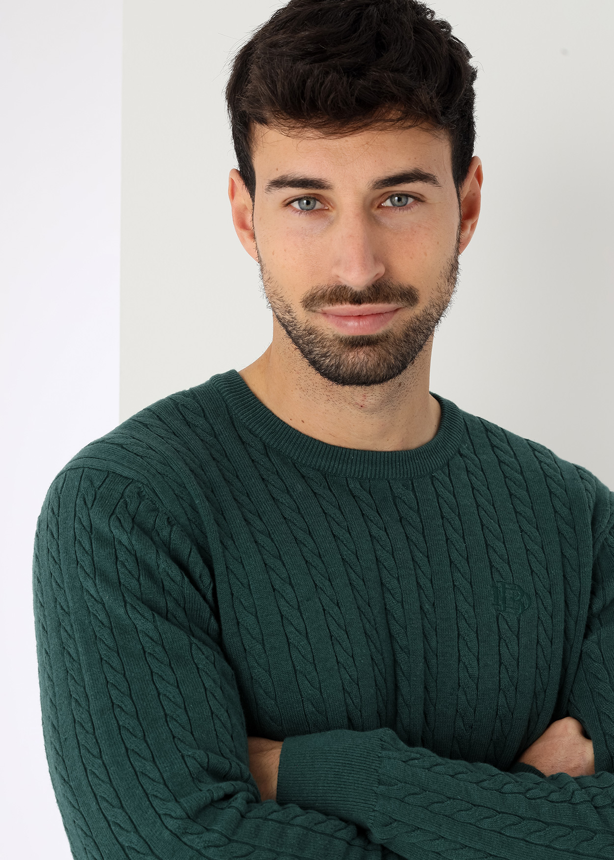 Camisola de gola redonda em tricô trançado Verde