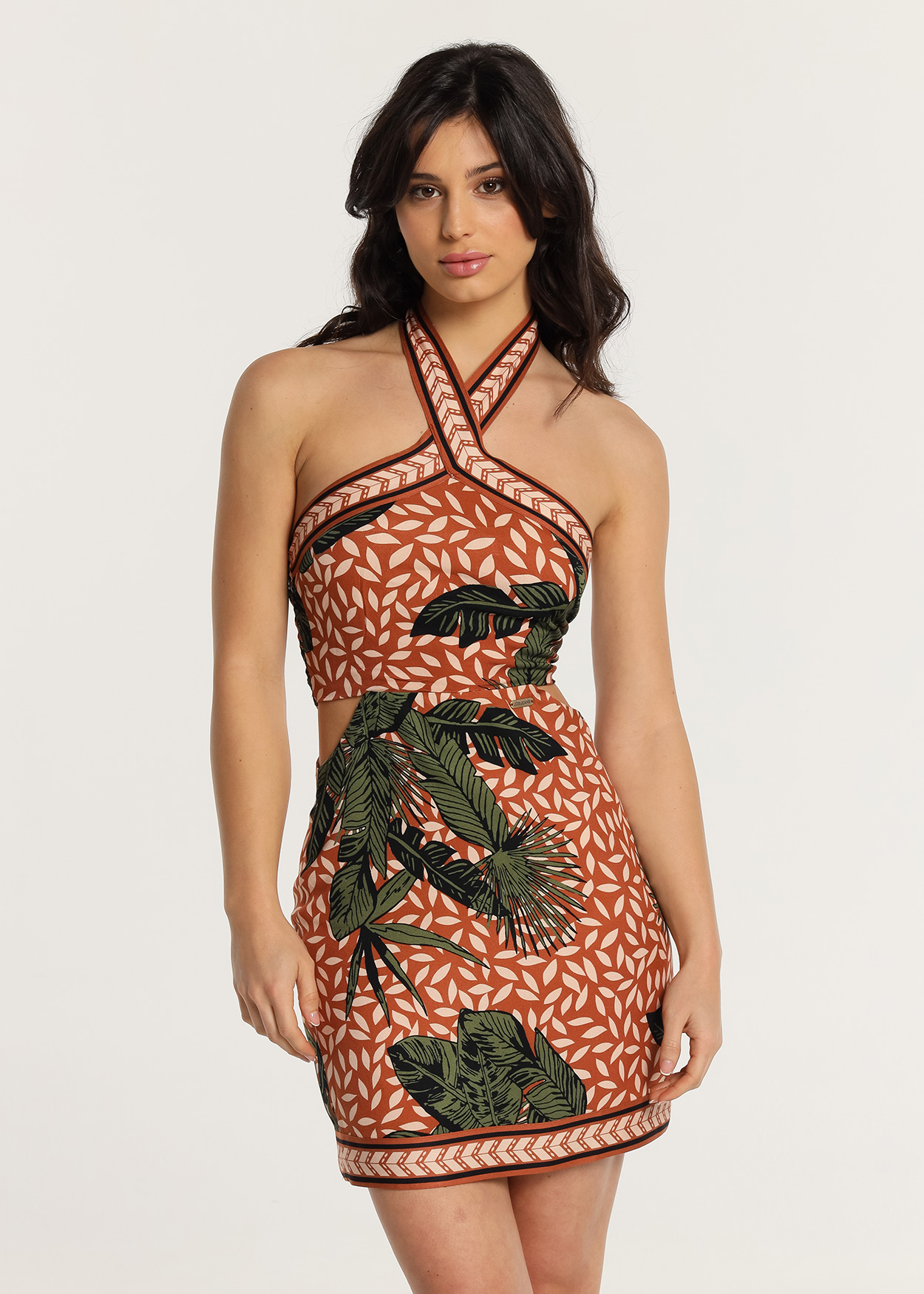 Vestido Curto Halter Tropical Senhora Multicolorido