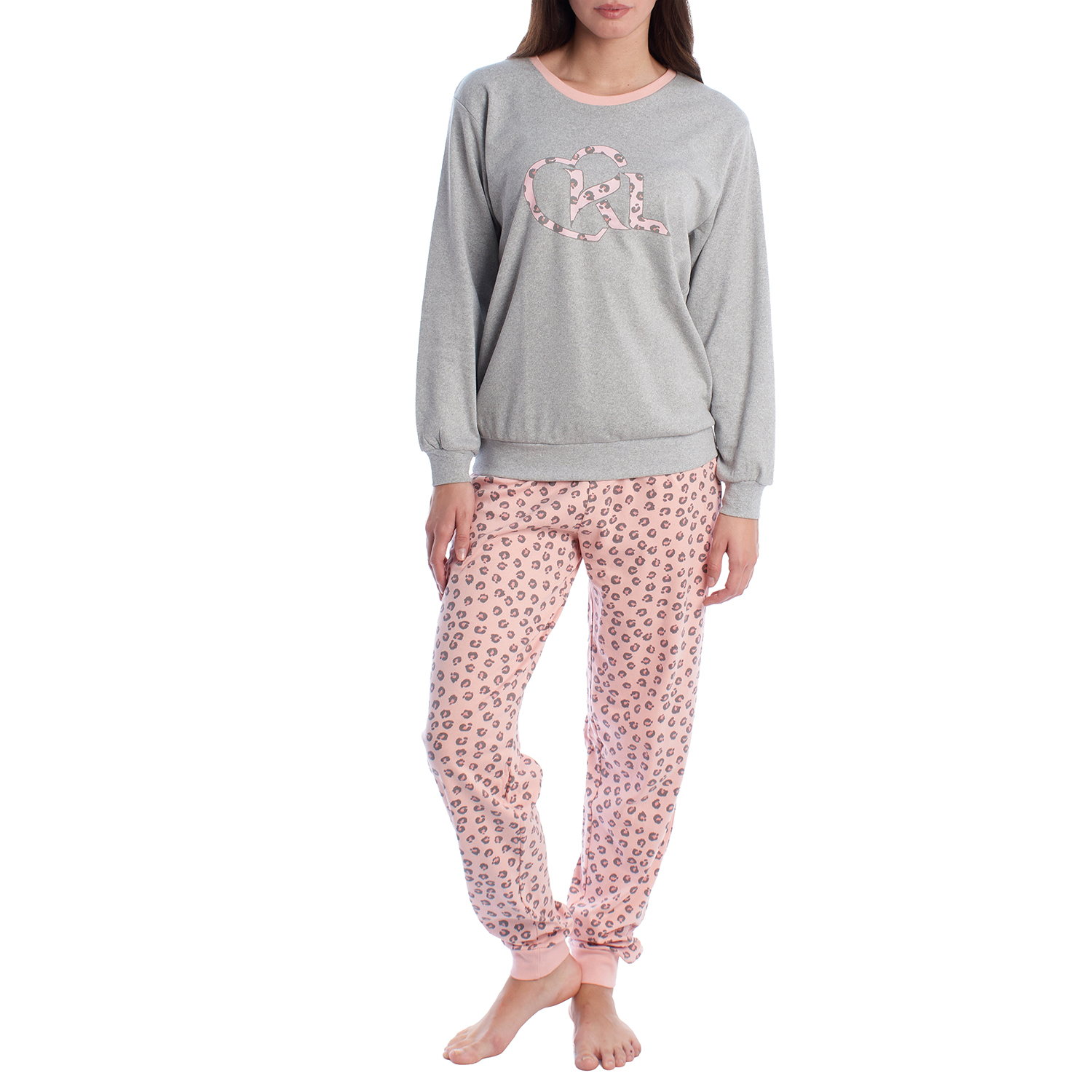 Pijama de Manga Comprida Cinzento-Rosa