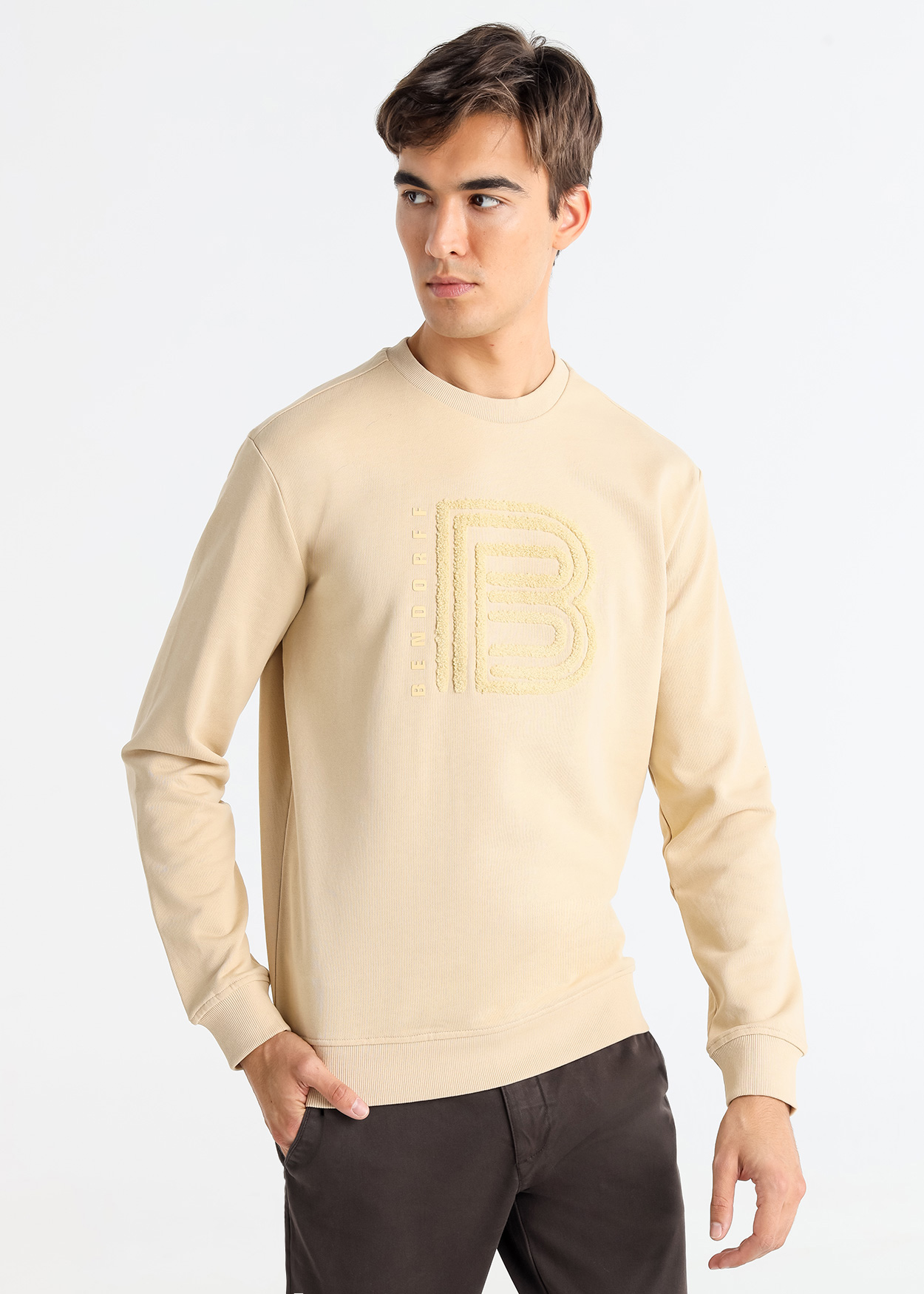Sweatshirt de gola redonda com logotipo bordado em relevo Bege