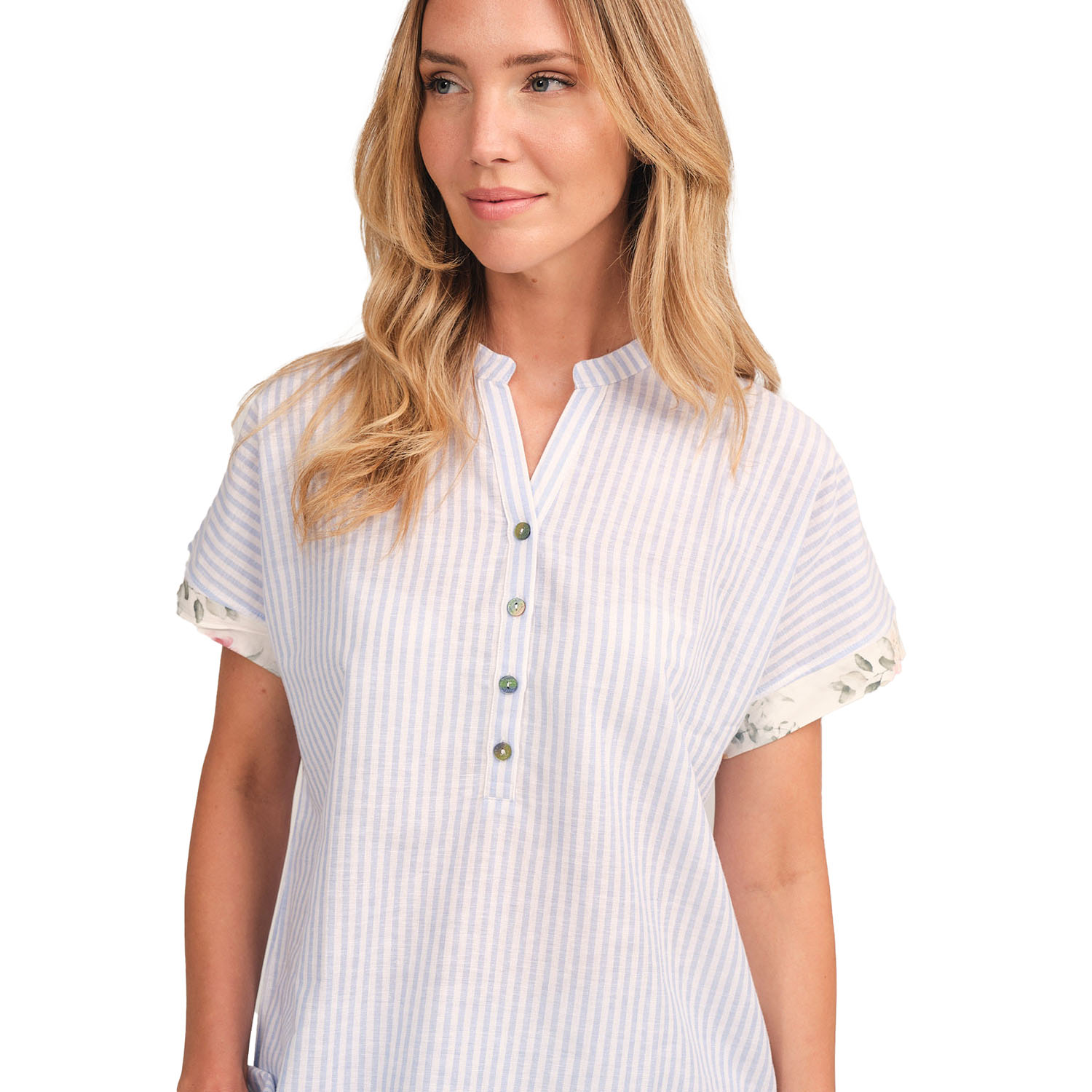 Camisa Pijama Senhora Manga Curta com Listras Azuis