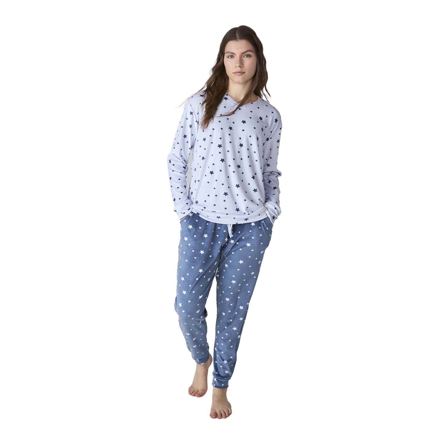 Pijama de Veludo Senhora Manga Comprida Azul