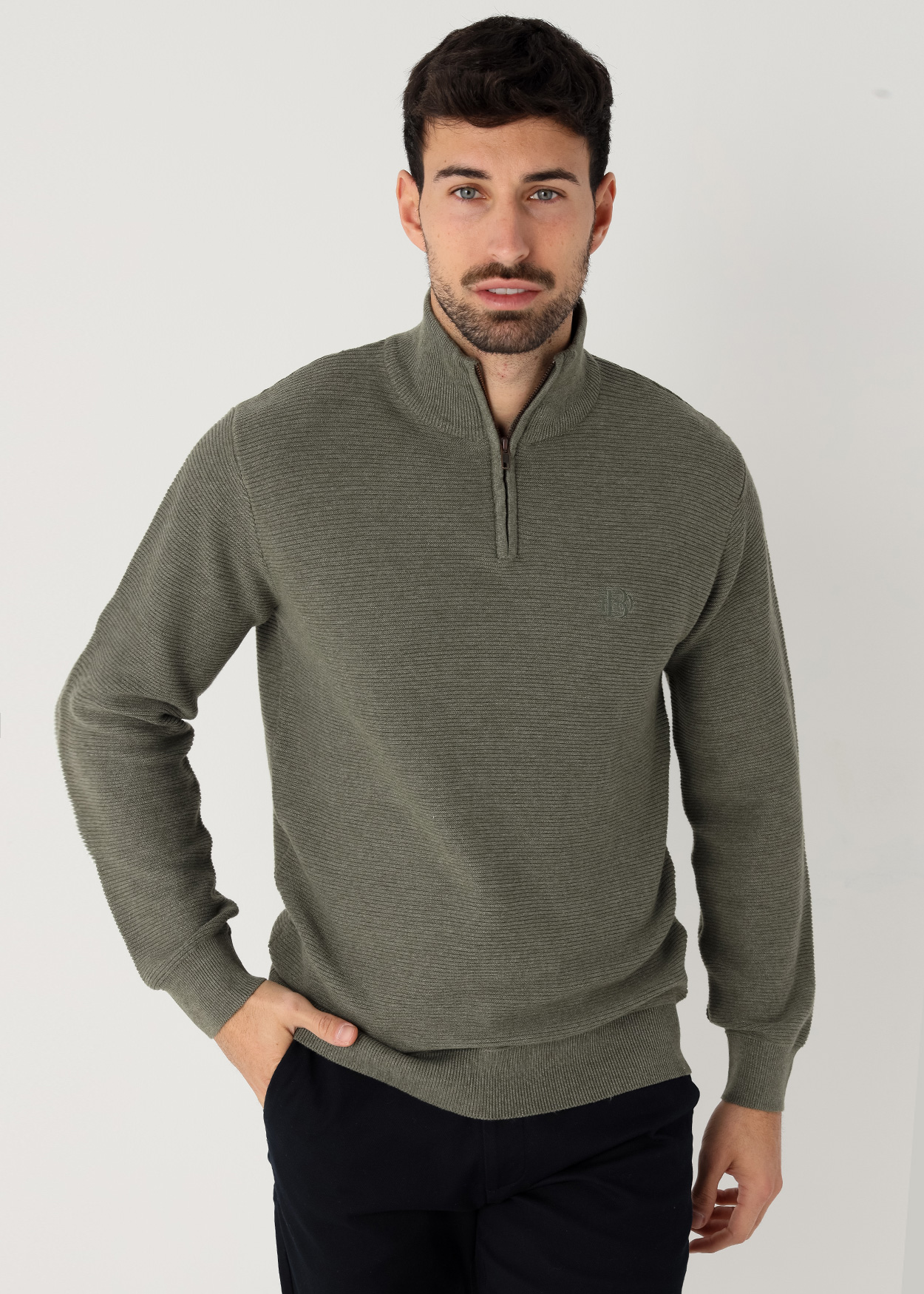 Camisola de malha texturizada com gola redonda e zíper Verde