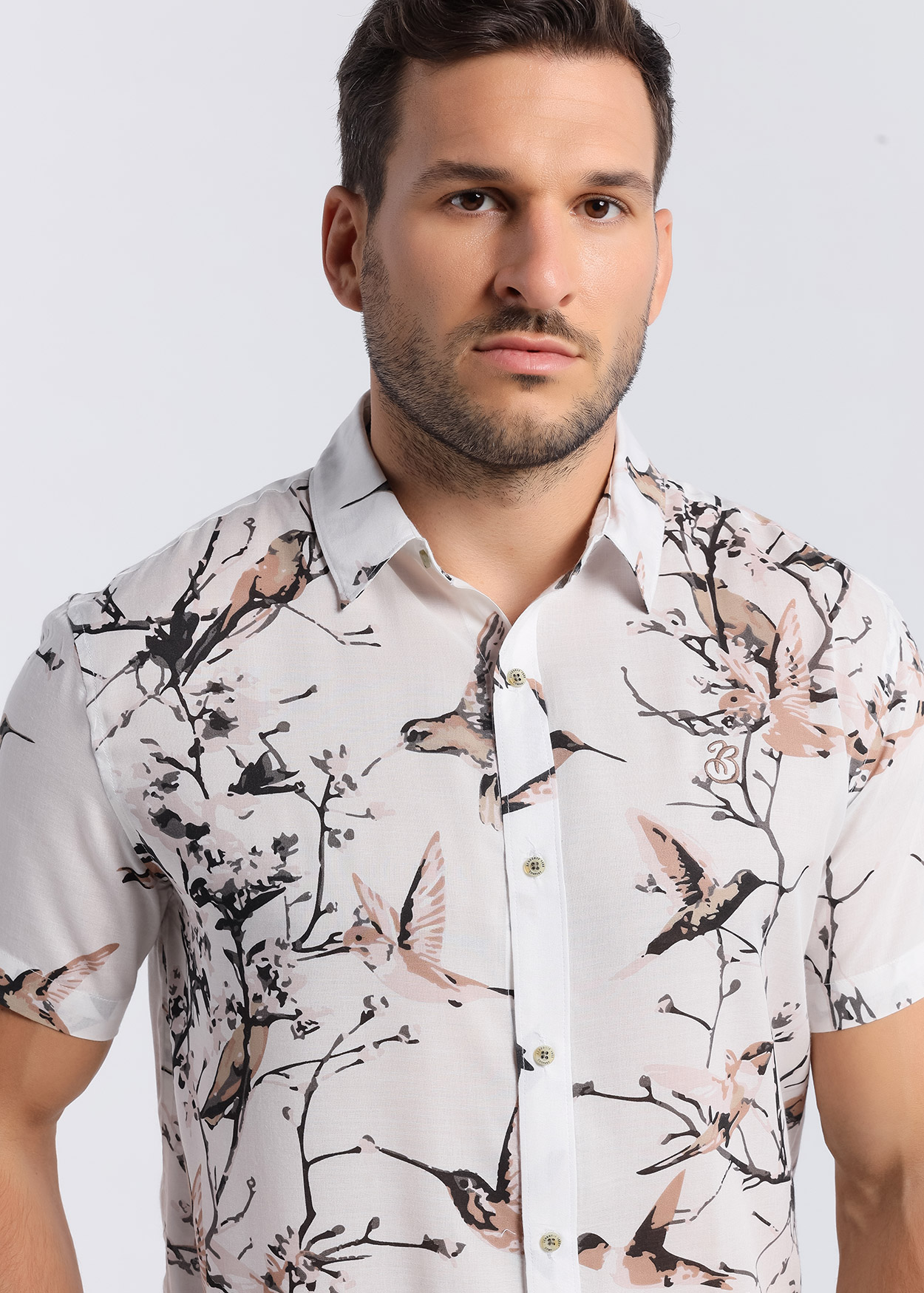 Camisa de manga curta de pássaros Bege