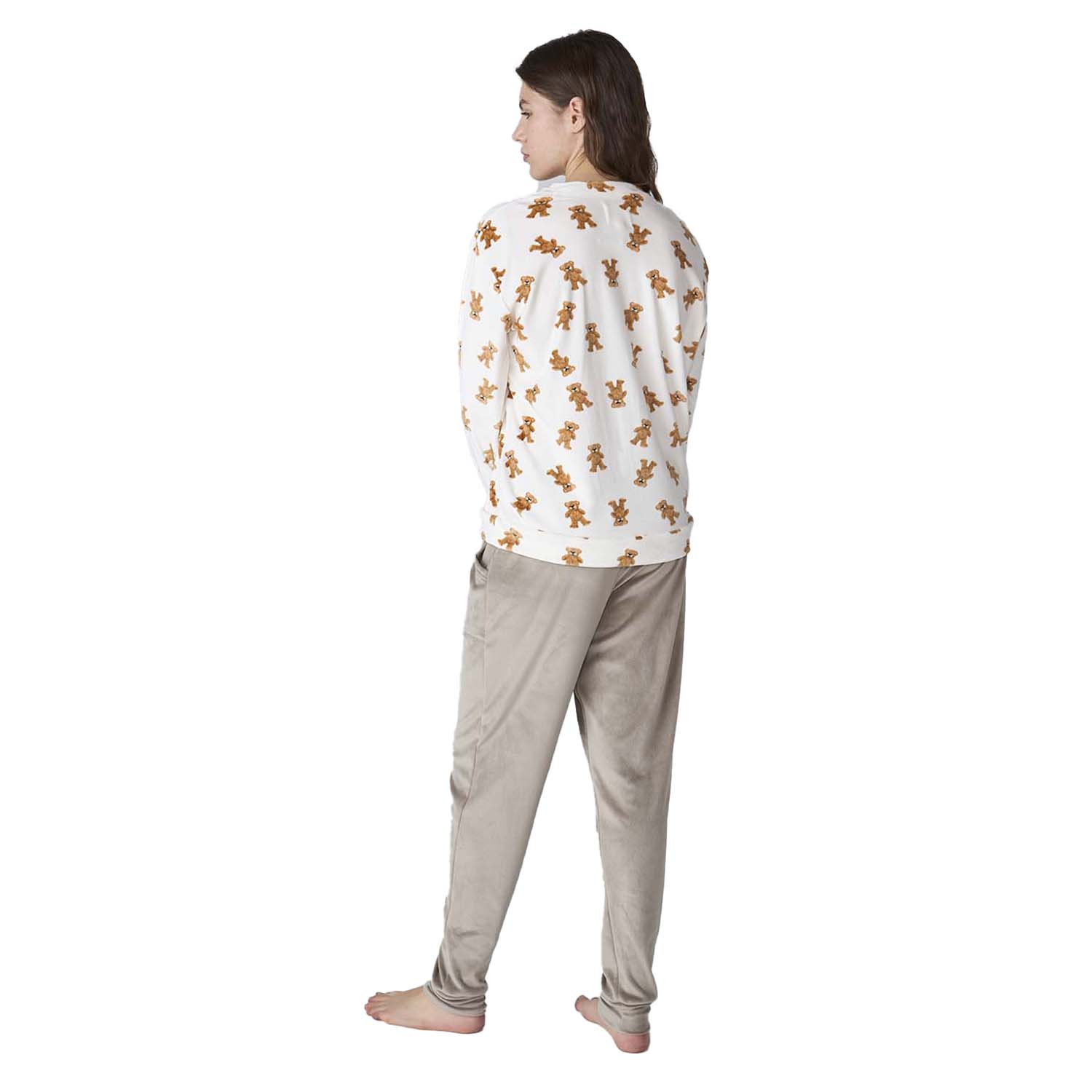 Pijama de Veludo Senhora Manga Comprida Branco e Castanho