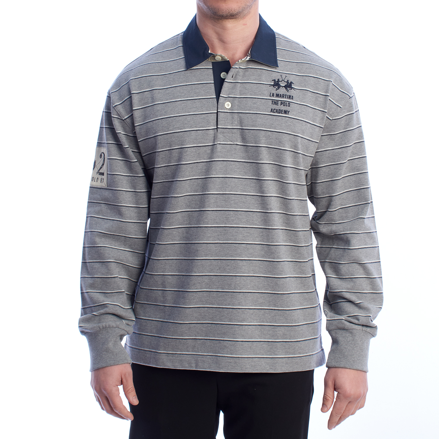 Pólo Homem Manga Comprida Comfort Fit Cinzento com Listras