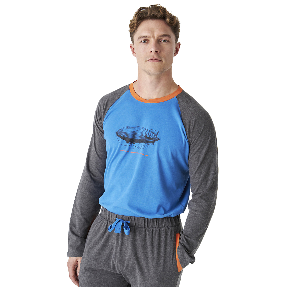 Pijama de Algodão Homem Manga Comprida Cinzento e Azul