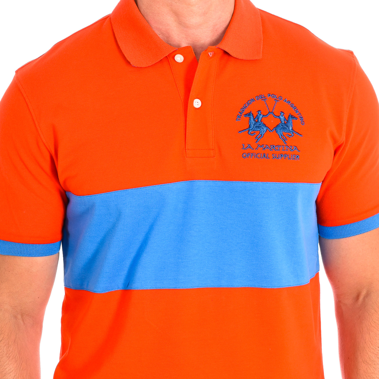 Pólo Homem Laranja e Azul