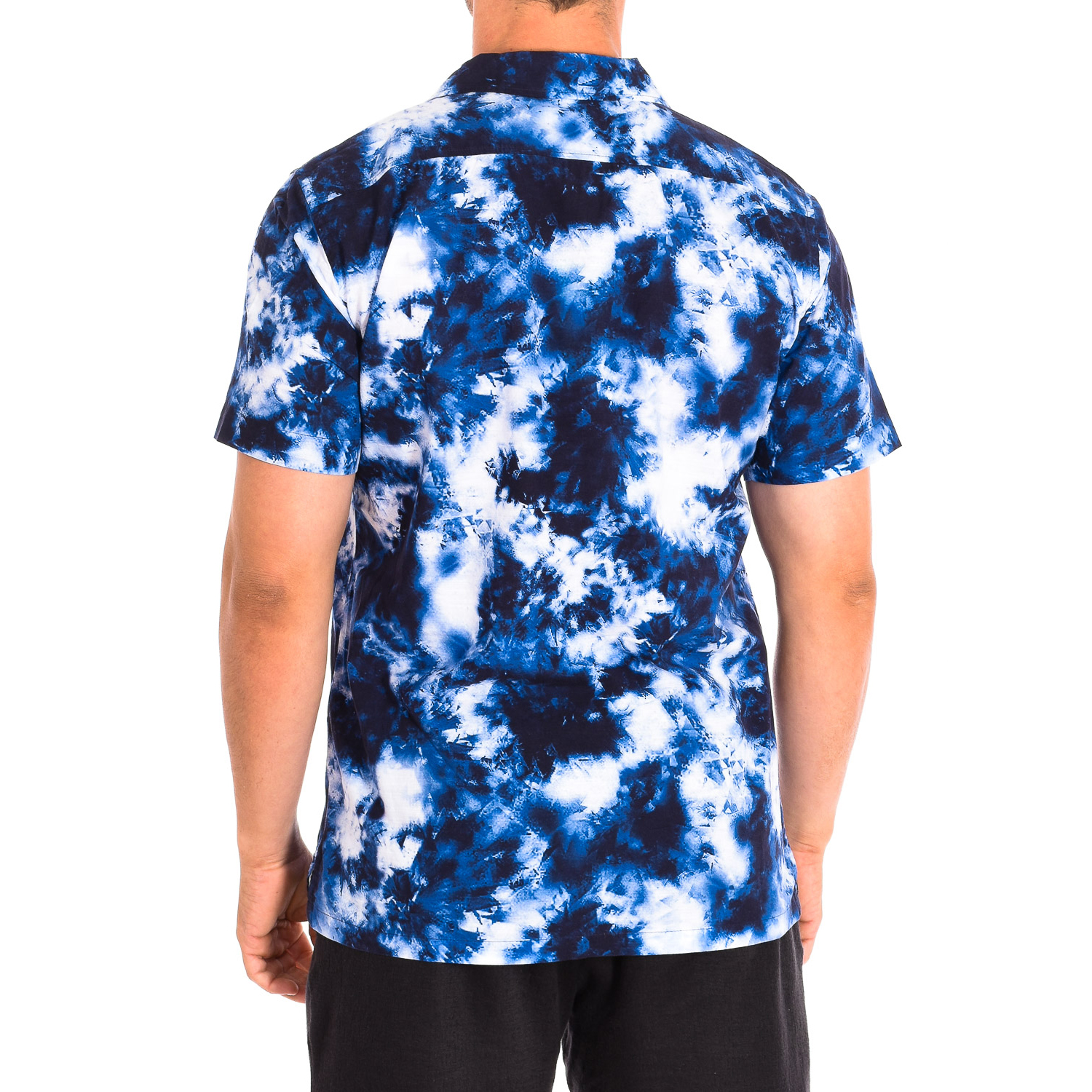 Camisa Homem Manga Curta Azul Marinho e Branco