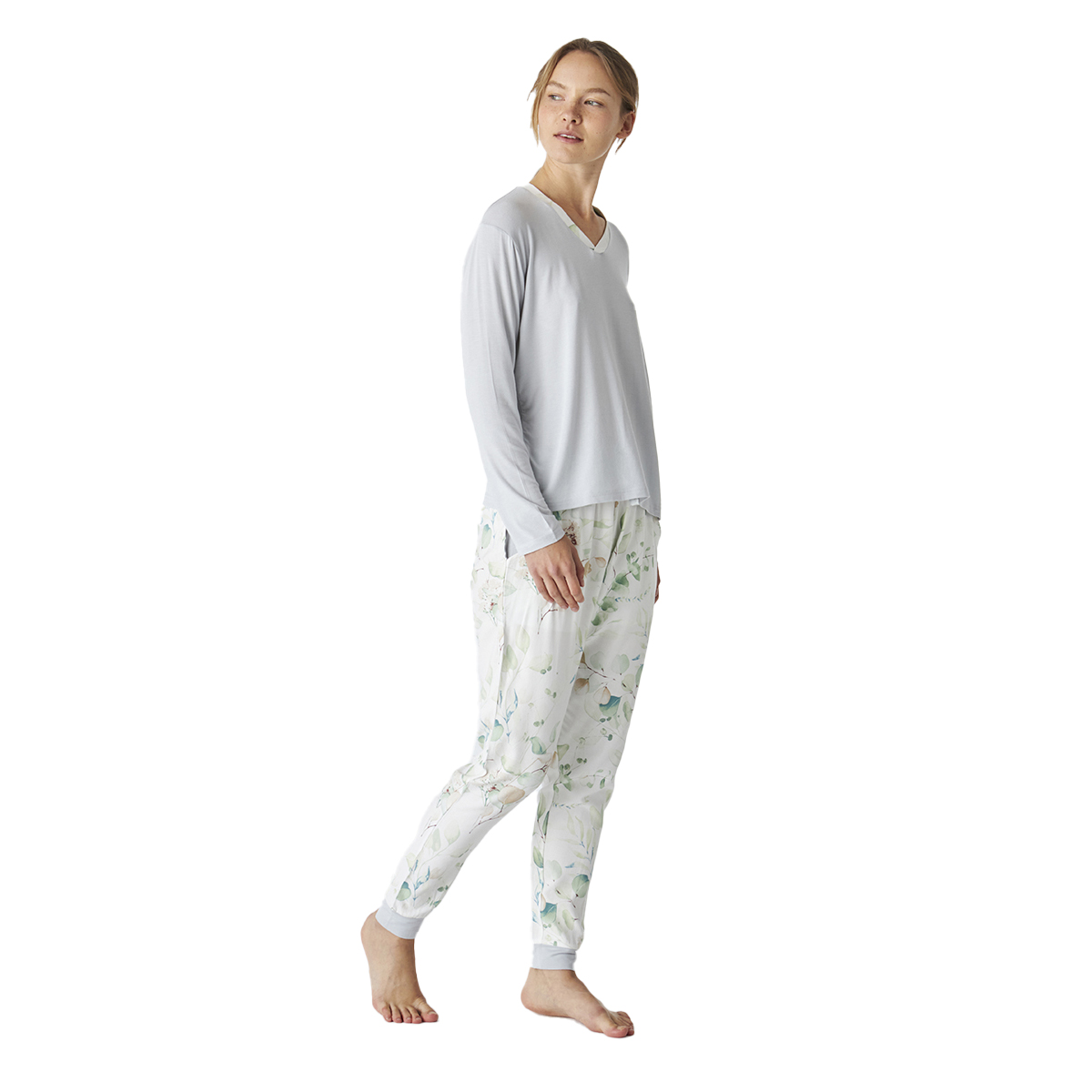 Pijama Senhora Manga Comprida Cinzento e Verde