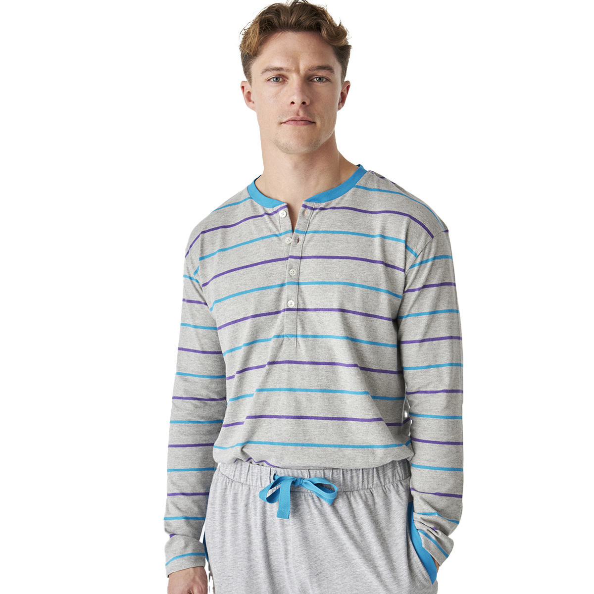 Pijama de Algodão Homem Manga Comprida Cinzento com Listras