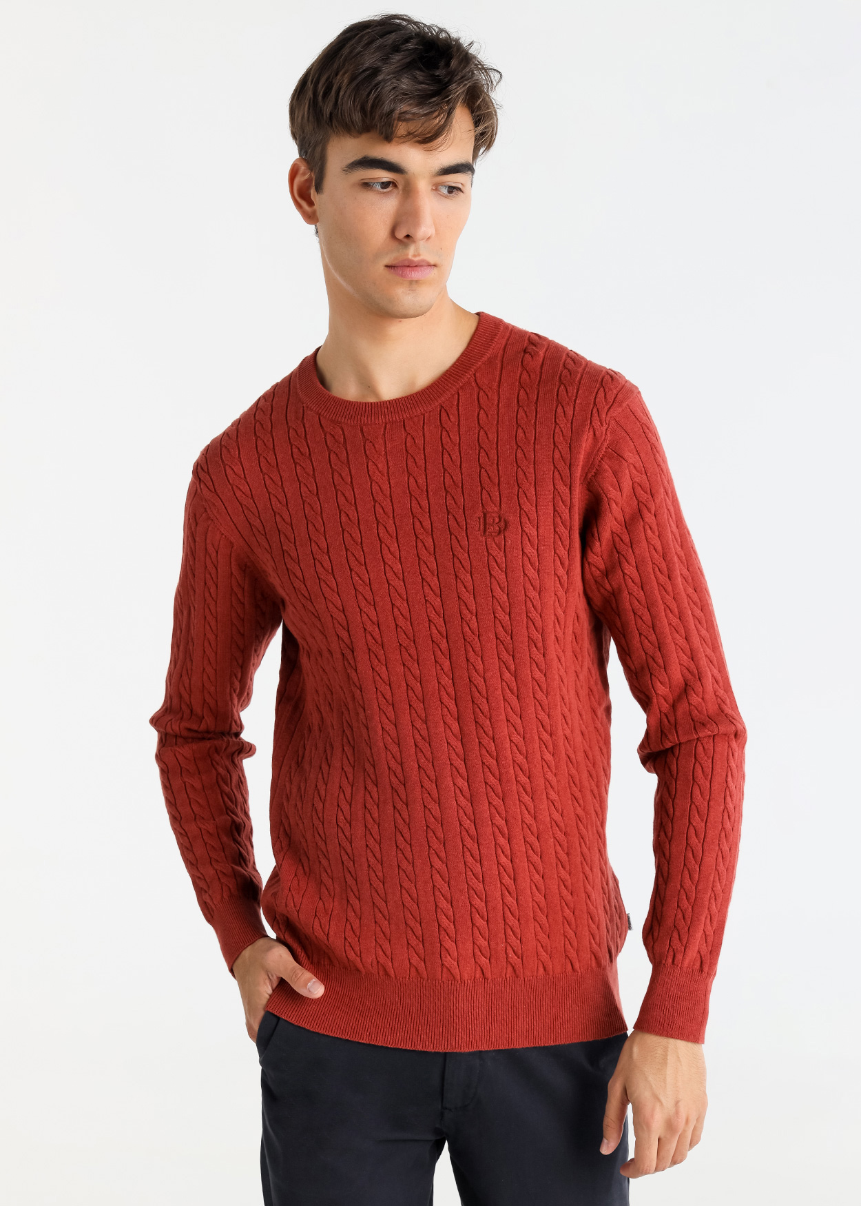 Camisola de gola redonda em tricô trançado Vermelho