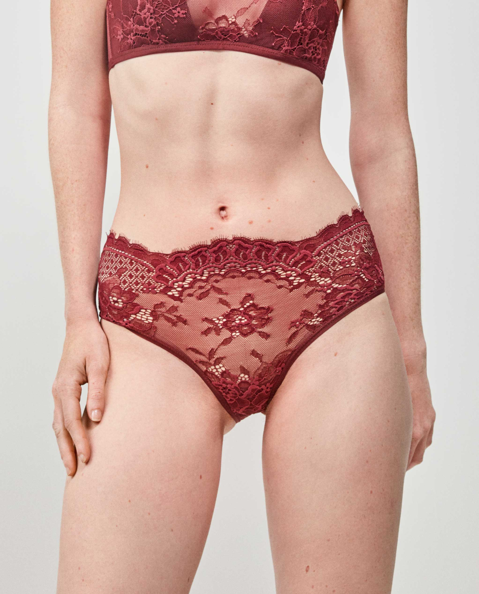 Cuecas de cintura alta em tecido de renda refinado Vermelho