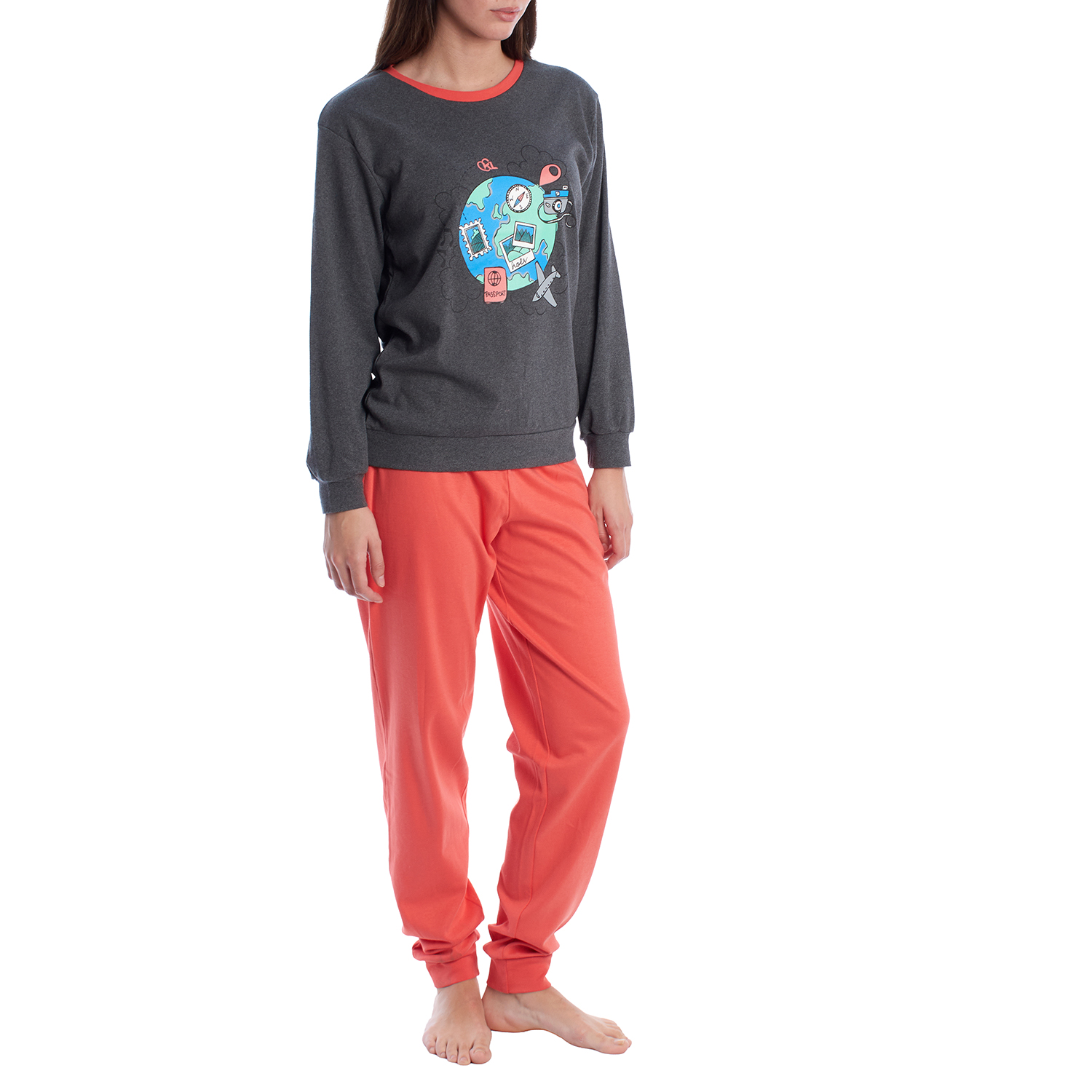 Pijama de Manga Comprida Cinza Escuro-Vermelho