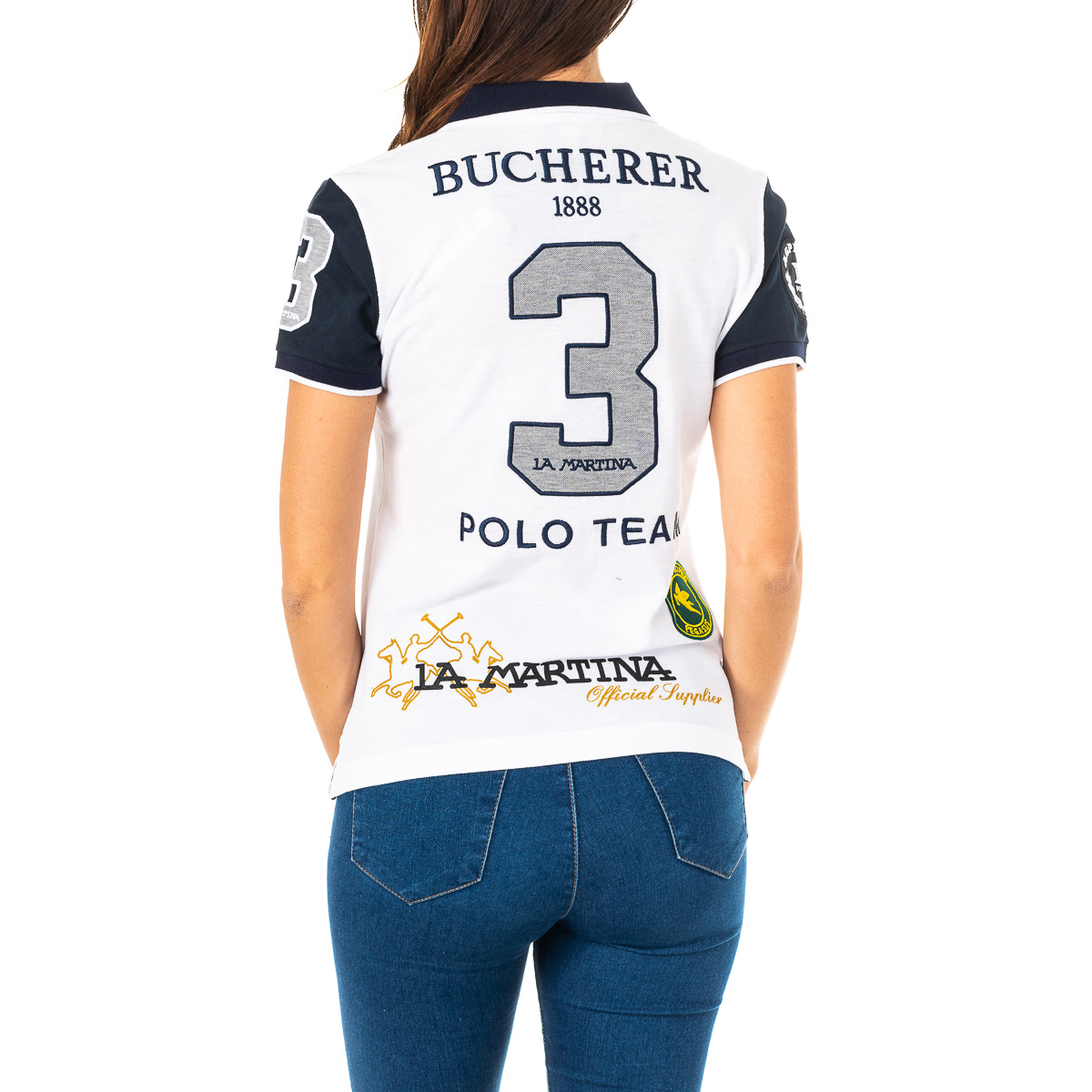 Pólo Senhora Branco e Azul Escuro