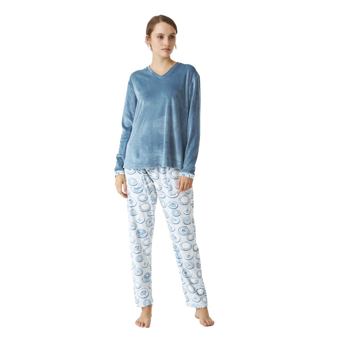 Pijama de Veludo Senhora Manga Comprida Azul