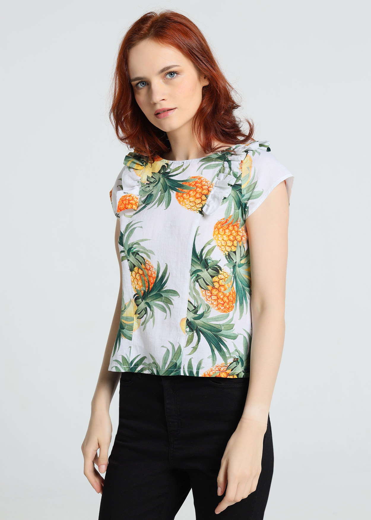 Blusa de manga curta tropical Senhora Multicolorido