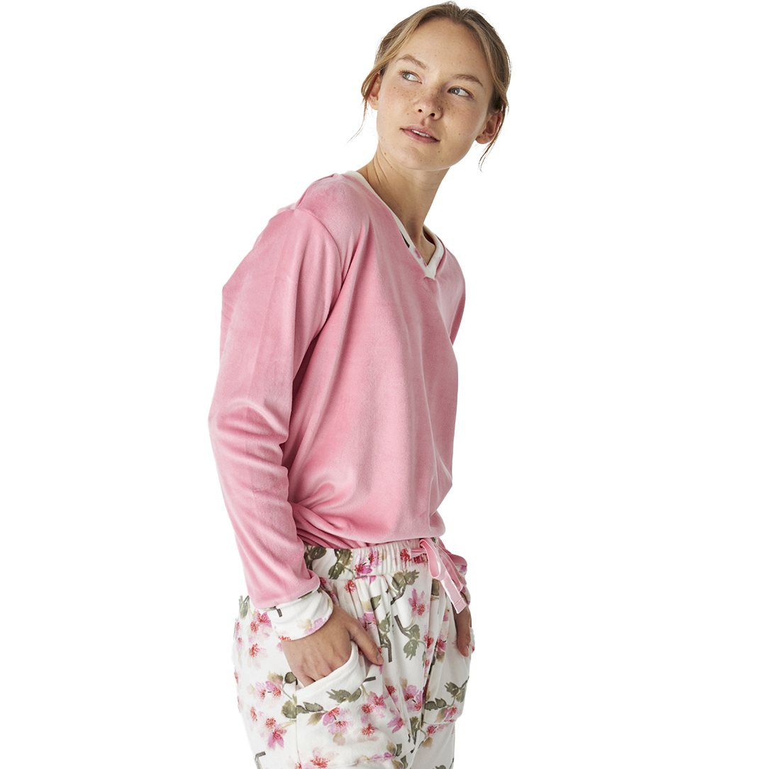 Pijama de Veludo Senhora Manga Comprida Rosa