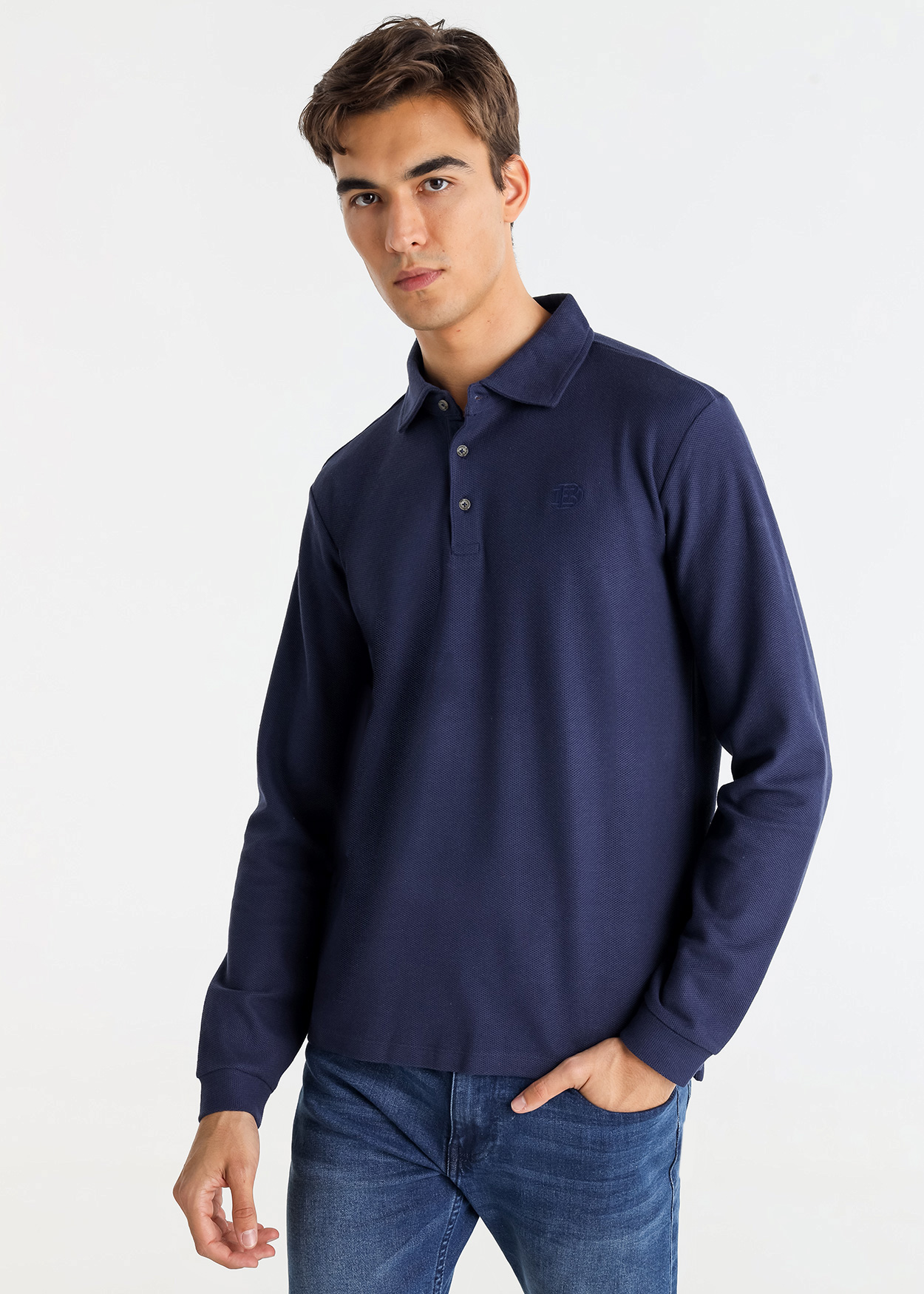 Pólo Básico de manga comprida em tecido piqué Azul