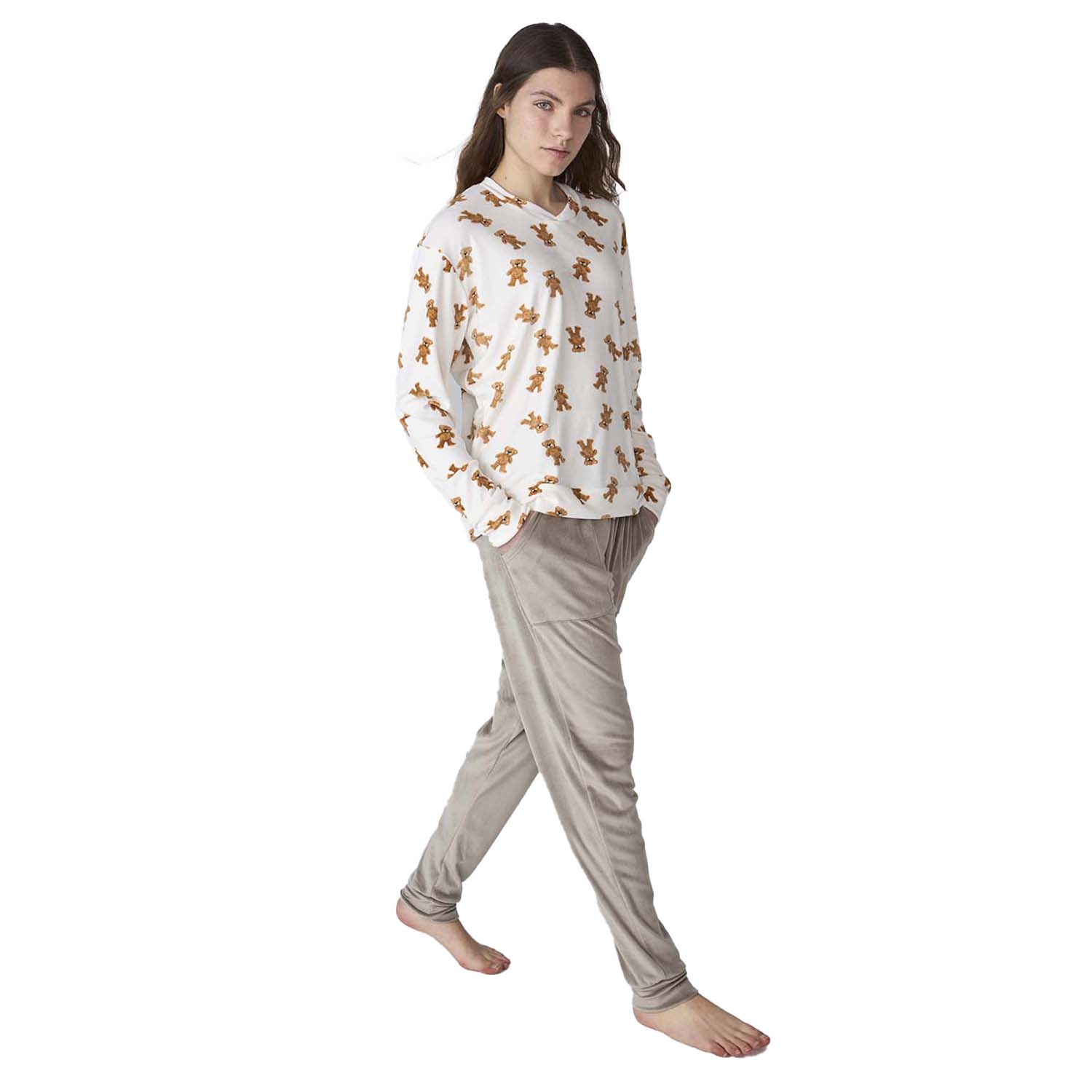 Pijama de Veludo Senhora Manga Comprida Branco e Castanho