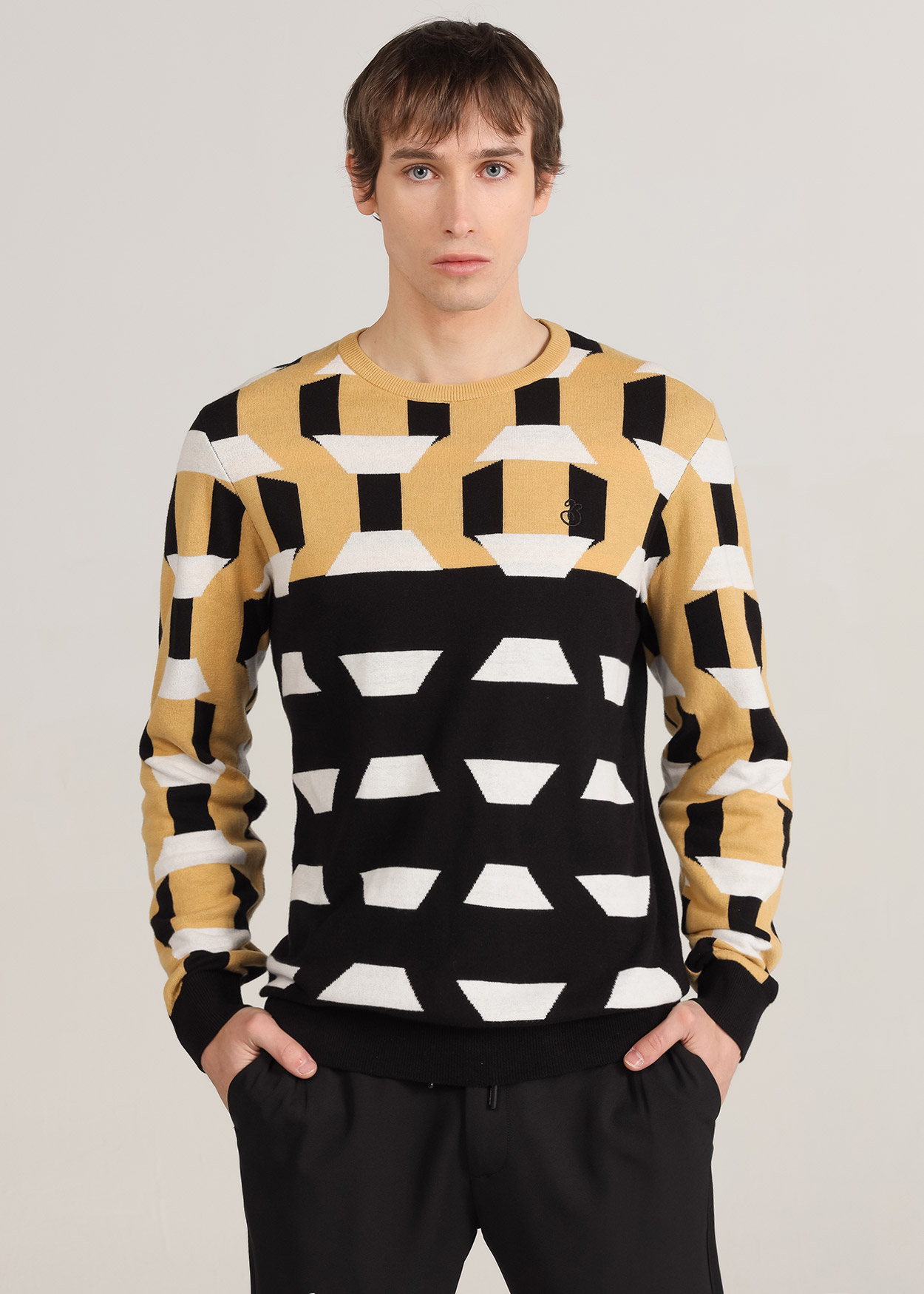 Camisola de gola redonda geométrica Castanho