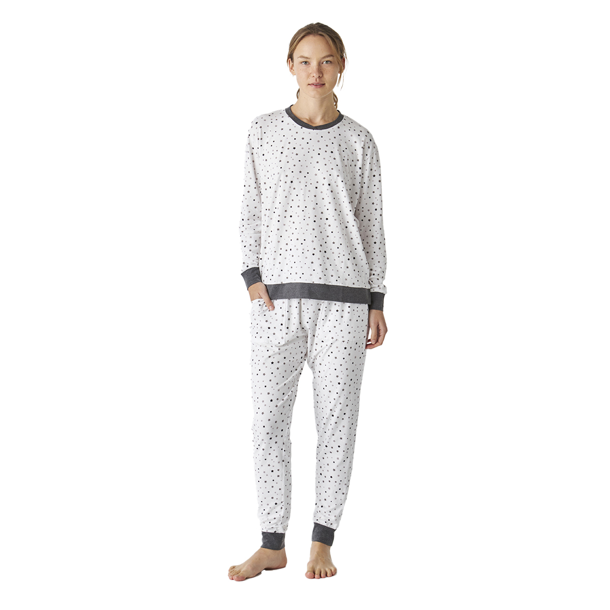 Pijama de Algodão Senhora Manga Comprida Branco e Cinzento