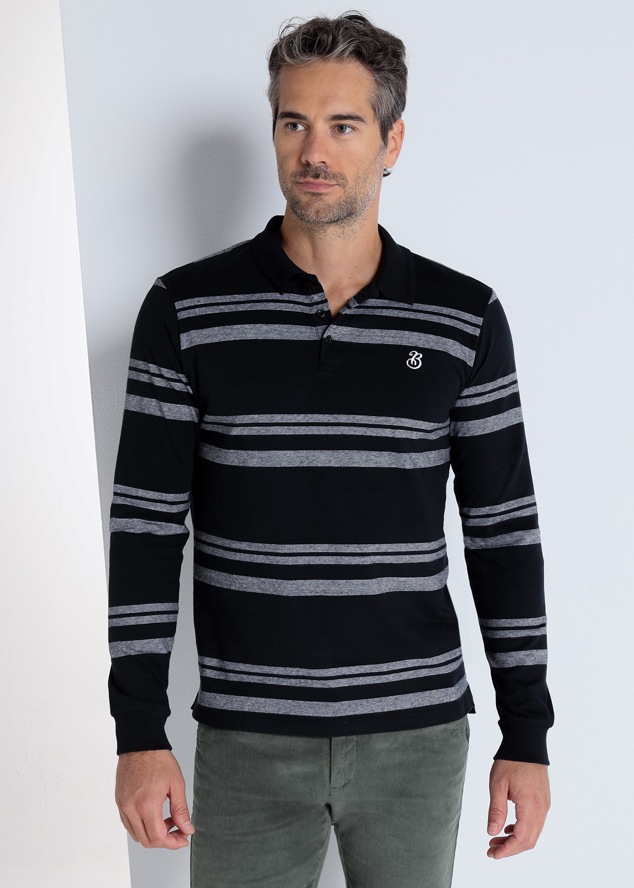 Pólo Riscas de manga comprida Preto