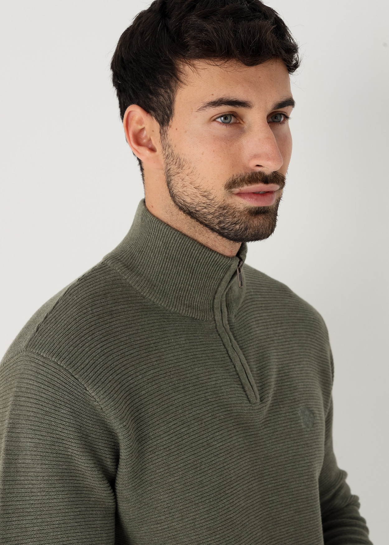 Camisola de malha texturizada com gola redonda e zíper Verde