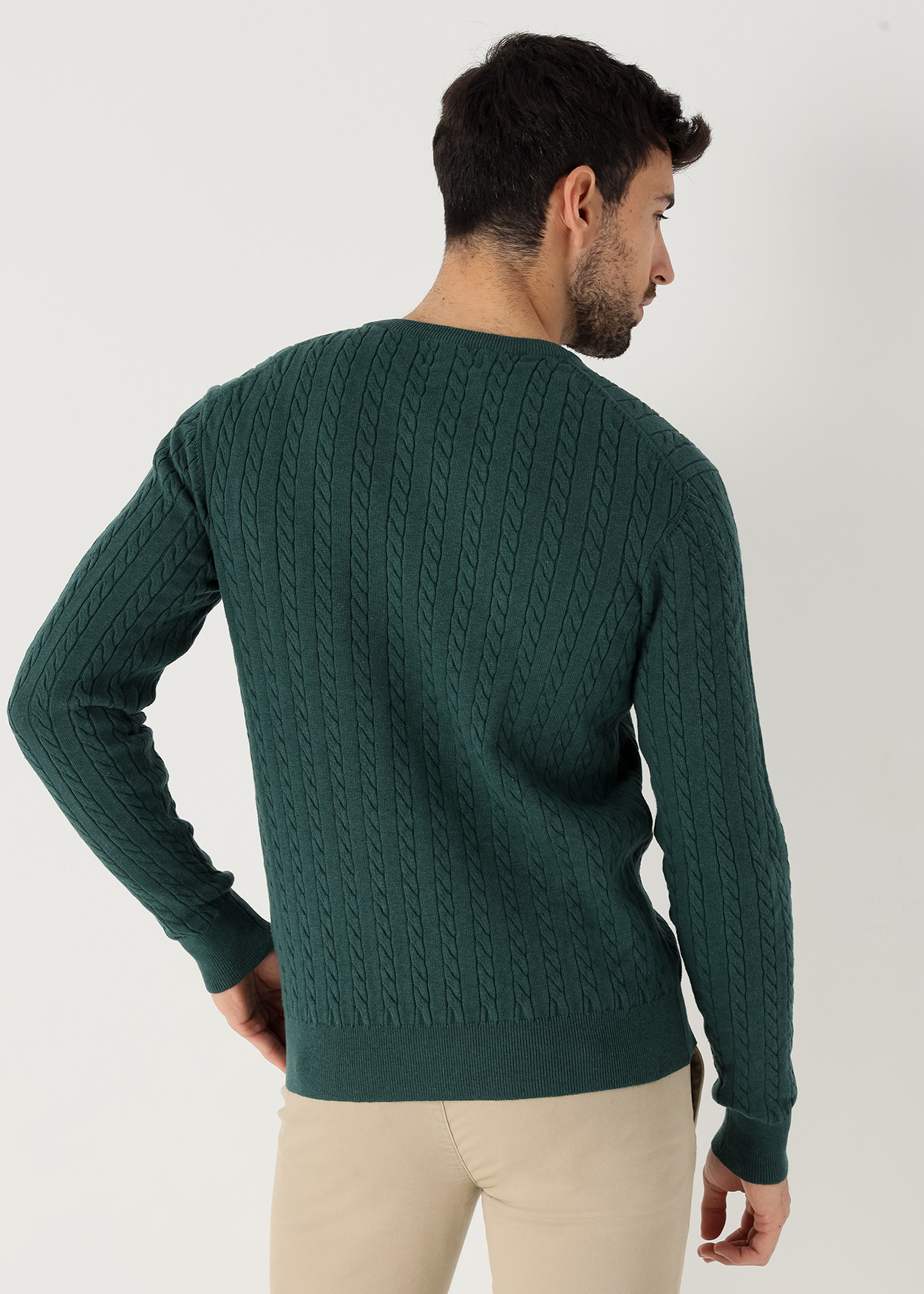 Camisola de gola redonda em tricô trançado Verde