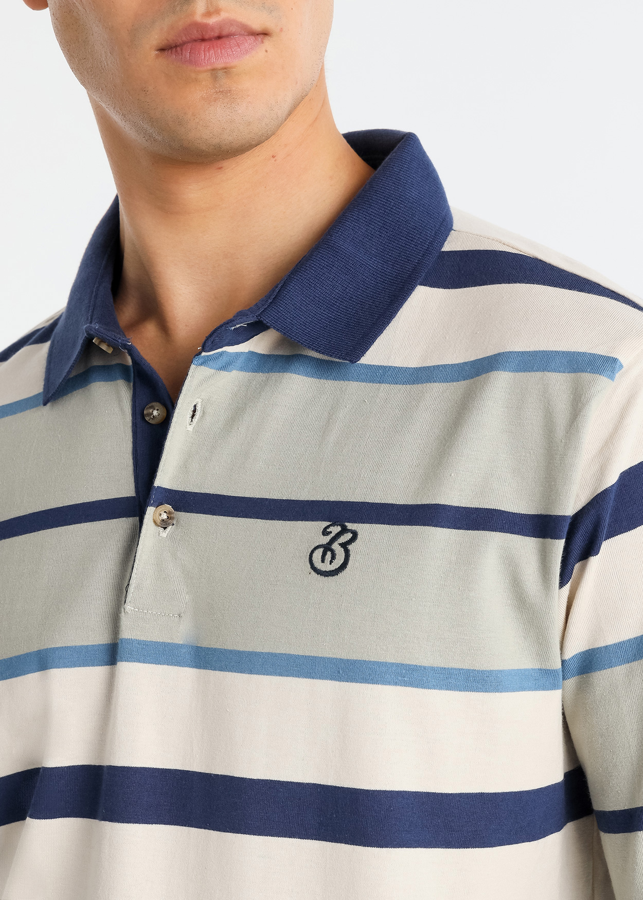 Pólo Riscas de manga comprida com botões Cinzento