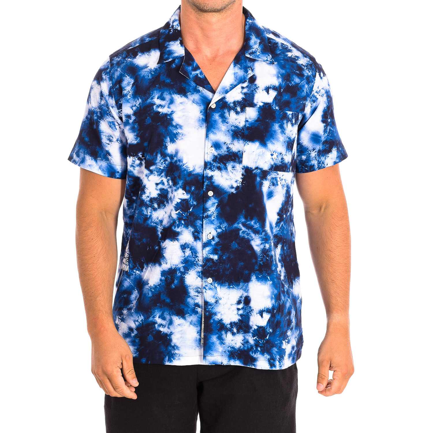 Camisa Homem Manga Curta Azul Marinho e Branco