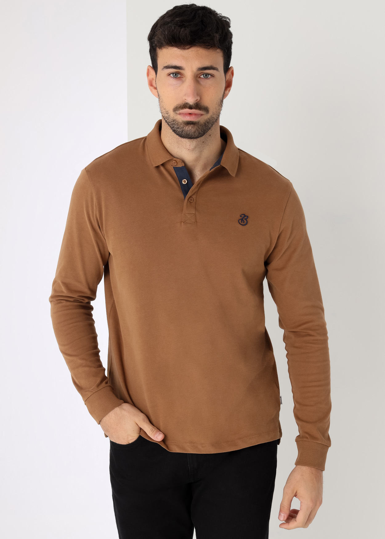 Pólo Básico de manga comprida Castanho